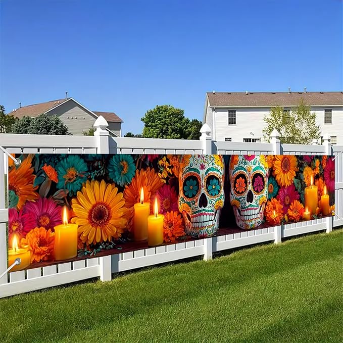 BlissYard Day of the Dead Fence Banner Fiesta Decor 118 x 20 Inch