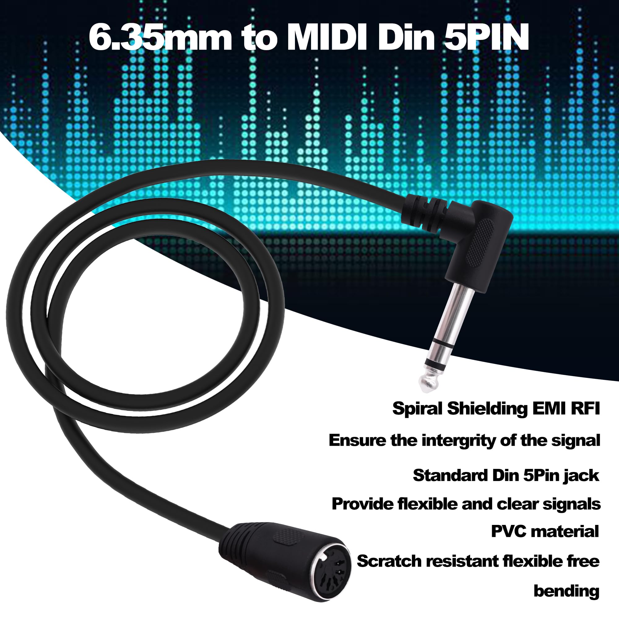 YARCHONN MIDI Din 5Pin to 6.35mm 1/4 Cable Din 5 Pin Female to 1/4 Inch Male 90 Degree Right Angle Plug TRS Stereo Audio Adapter Cord for Speaker Amplifier Mixer MIDI Keyboard-1.5M/4.9FT - Image 4