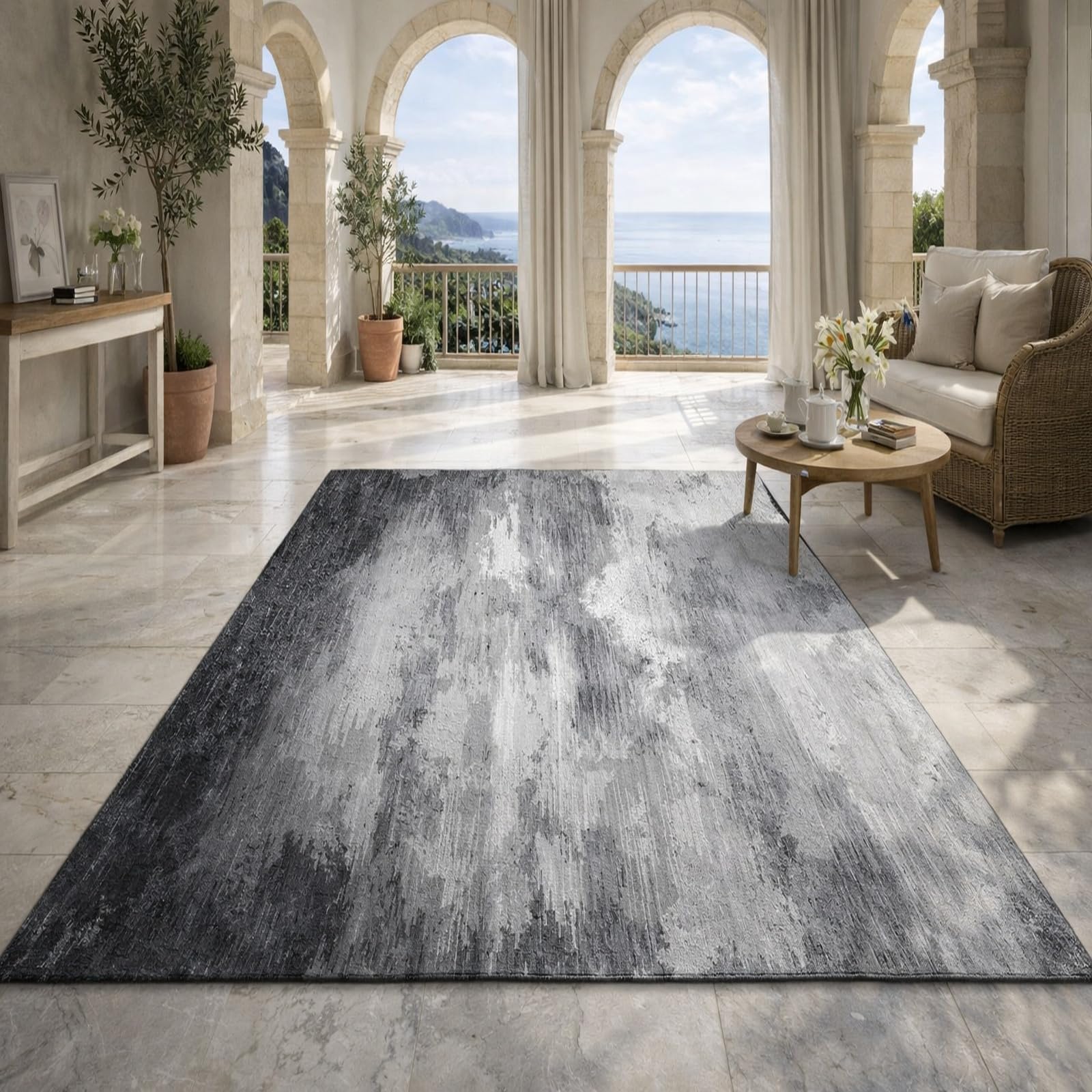 Tapis de décoration abstrait haut de gamme en noir et blanc de 170 x 200 cm