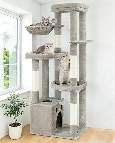 Kratzbaum Groß, Kratzbaum Grosse Katzen Stabil 170 cm hoch - Katzenbaum XL, Mehrstöckiger Katzenbaum Grau mit 4 Kratzsäulen, 6 Plüschbälle, Plattformen, Höhlen, Hängematte - Cat Tree Tower