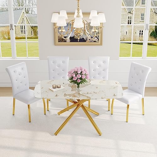 Miniatura 44 de Juego de mesa de comedor moderno de 63 pulgadas para 6 personas, juego de 6 mesas de comedor de cristal con patas de metal plateado, mesa de cocina