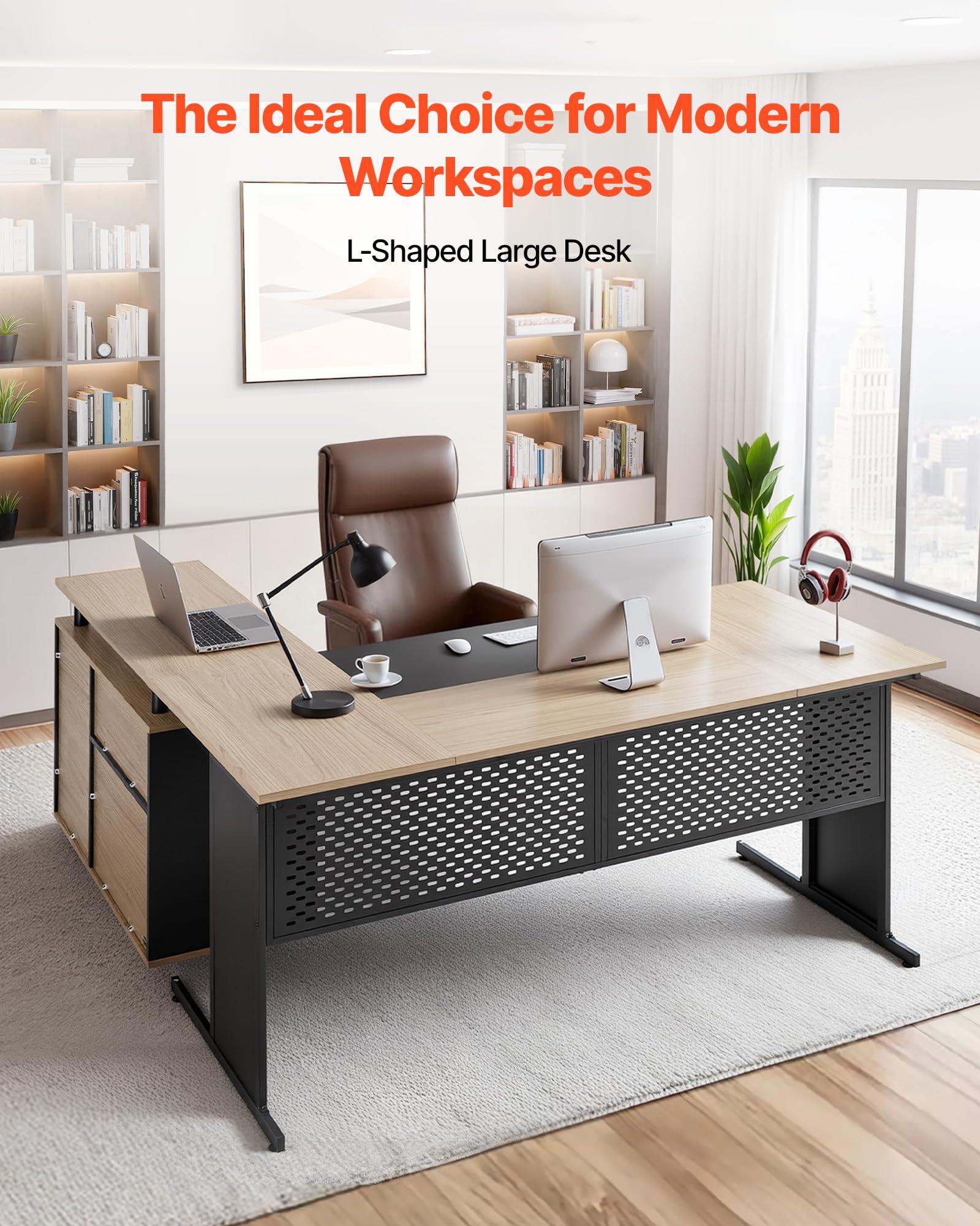 VEVOR Escritorio Ejecutivo Grande en Forma de L, con Cajones y Armario, Reversible, Fabricado en Hierro y Madera, Soporta hasta 158,7 kg, Ideal para Trabajar, Estudiar y Escribir, Madera y Negro