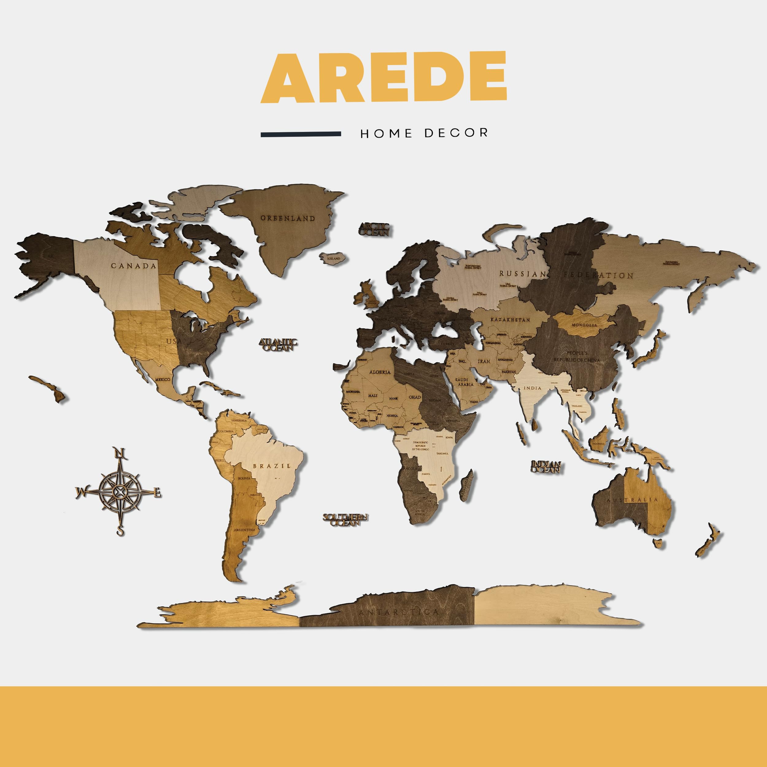 AREDE - Mapa del mundo de madera 3D para pared -120 x 75 cm - Decoración mural moderna para salón, oficina, dormitorio - Idea regalo original - Diseño elegante con detalles preciso