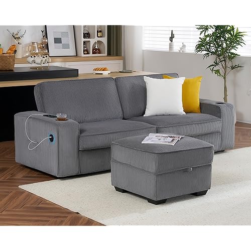 VanAcc Sofa, 3 Seater Sofa- Deep Seat Sofa with Storage Ottoman, Comfy Couch with Cup Holders & USB Charging Ports, Modern Couch for Living Room(Ash Grey Corduroy)