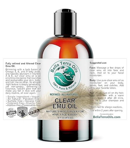 Miniatura 2 de Bella Terra Oils - Aceite de emú transparente de 2 onzas - Esencia pura de emú, rica en ácidos grasos Omega-3, Omega-6 y Omega-9, lujosa experiencia