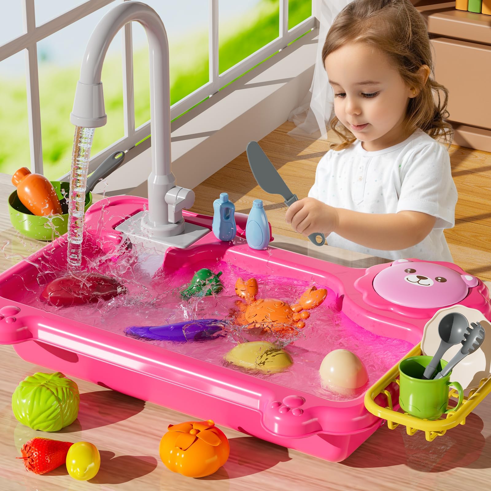 SmartChefPlay Sink with Running Water, Kitchen Sink Toys with Electric Faucet, Play Kitchen Accessories, Kids Role Play Dishwasher Toy for Ages 3 4 5 6 Year Old Toddlers Kids Boys Girls(Pink)