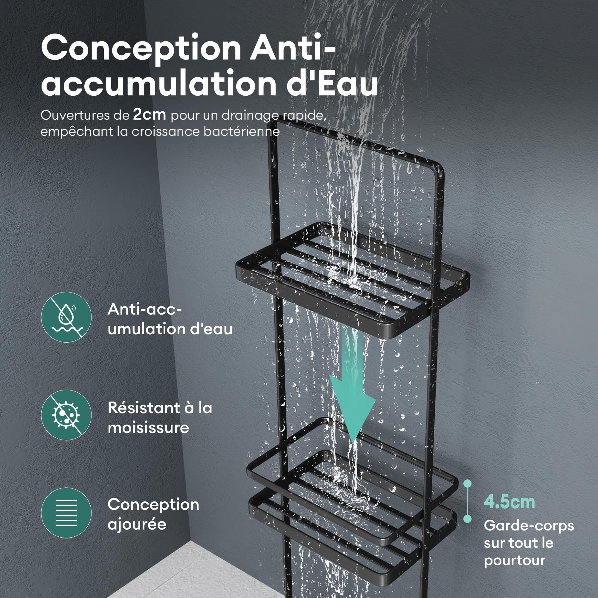 Mai & Mai 3 Niveaux Support de Douche sur Pied Étagère Douche sur Pied Salle de Bain Noir Reglo-02