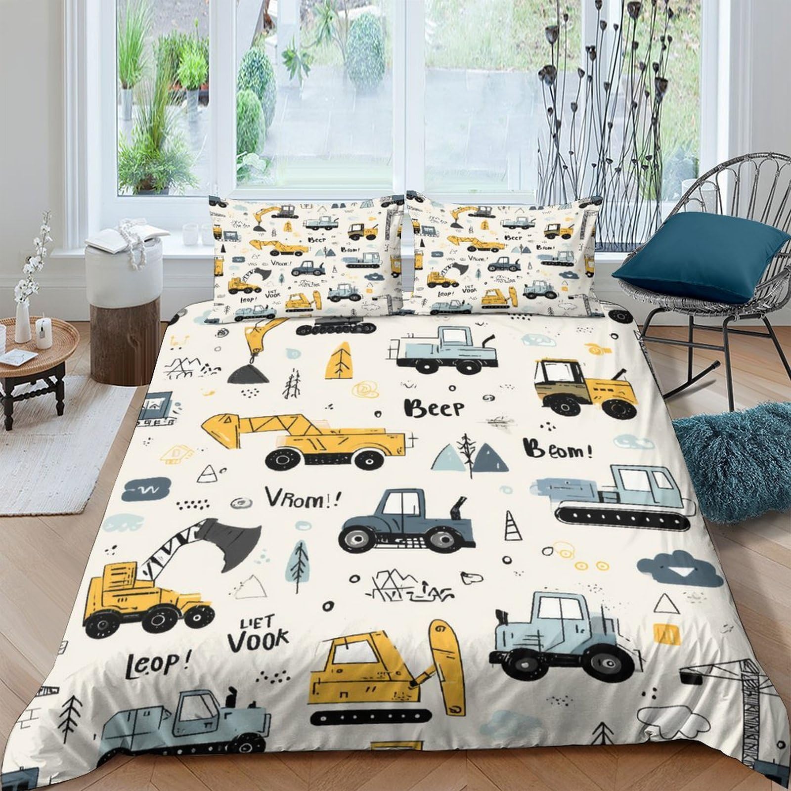 GPLZQXKJNH 3D Printed Construction Vehicles Duvet Cover Microfiber Soft Breathable Excavator Bedding Set with 2 Pillowcases for Bedroom Rental Single（135x200cm）
