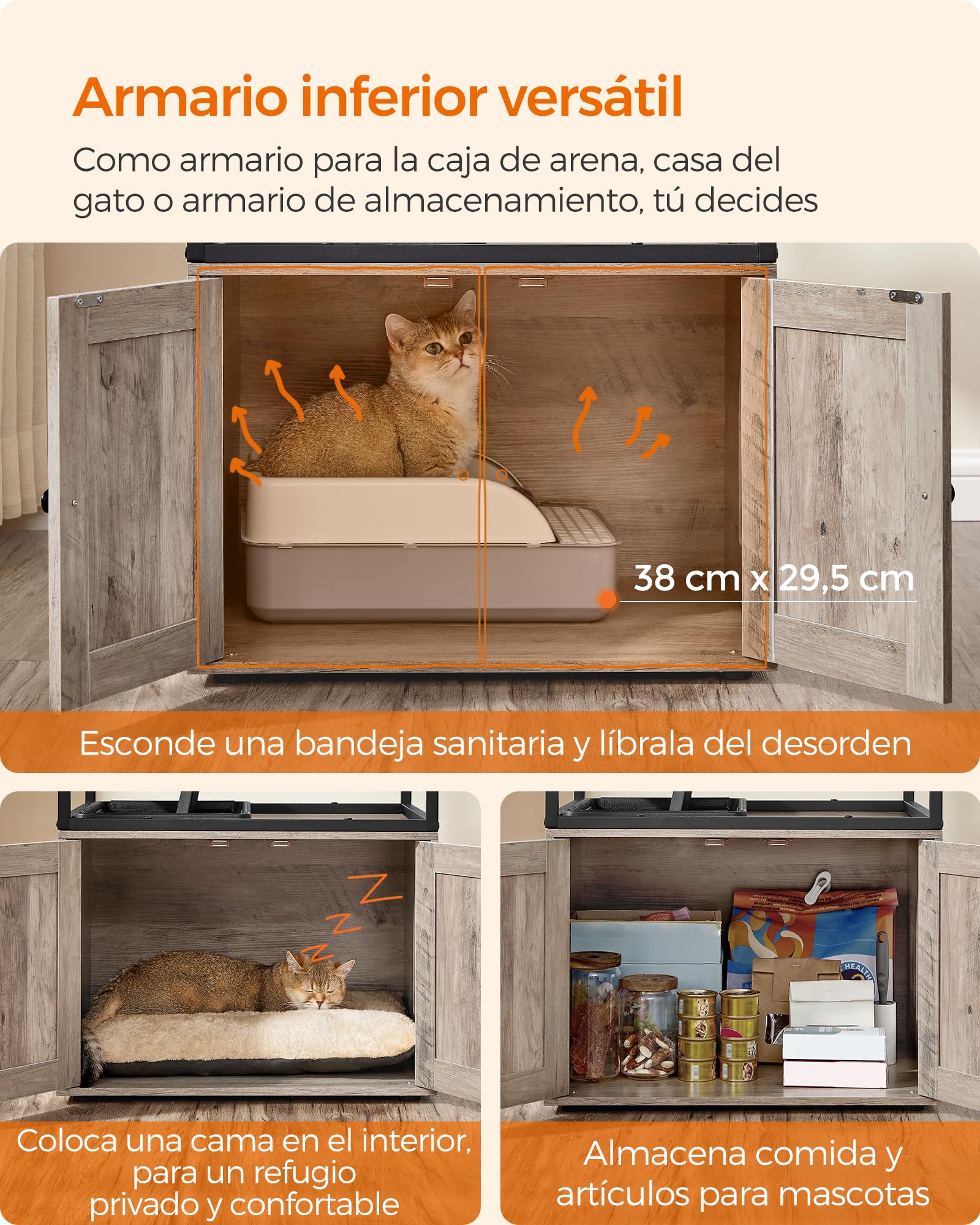 Feandrea Árbol para Gatos, Casa para Gatos con Mueble para Bandeja Higiénica, Soporte para Comedero Elevado, Tronco de Sisal, Cojines Lavables, Beige PCT312G01