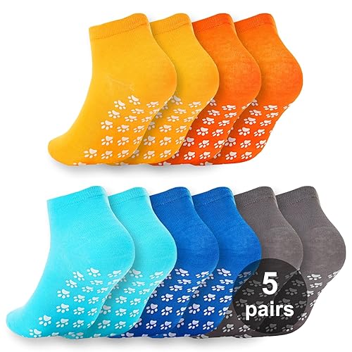 WANZHIHUI Pilates Grip Socks for Women Men Cute Non Slip Ankle Grippy Socks Woman for Yoga Barre Trampoline Hospital - 5.5-9 - Paw Pattern/Multicolor(5 Pairs)