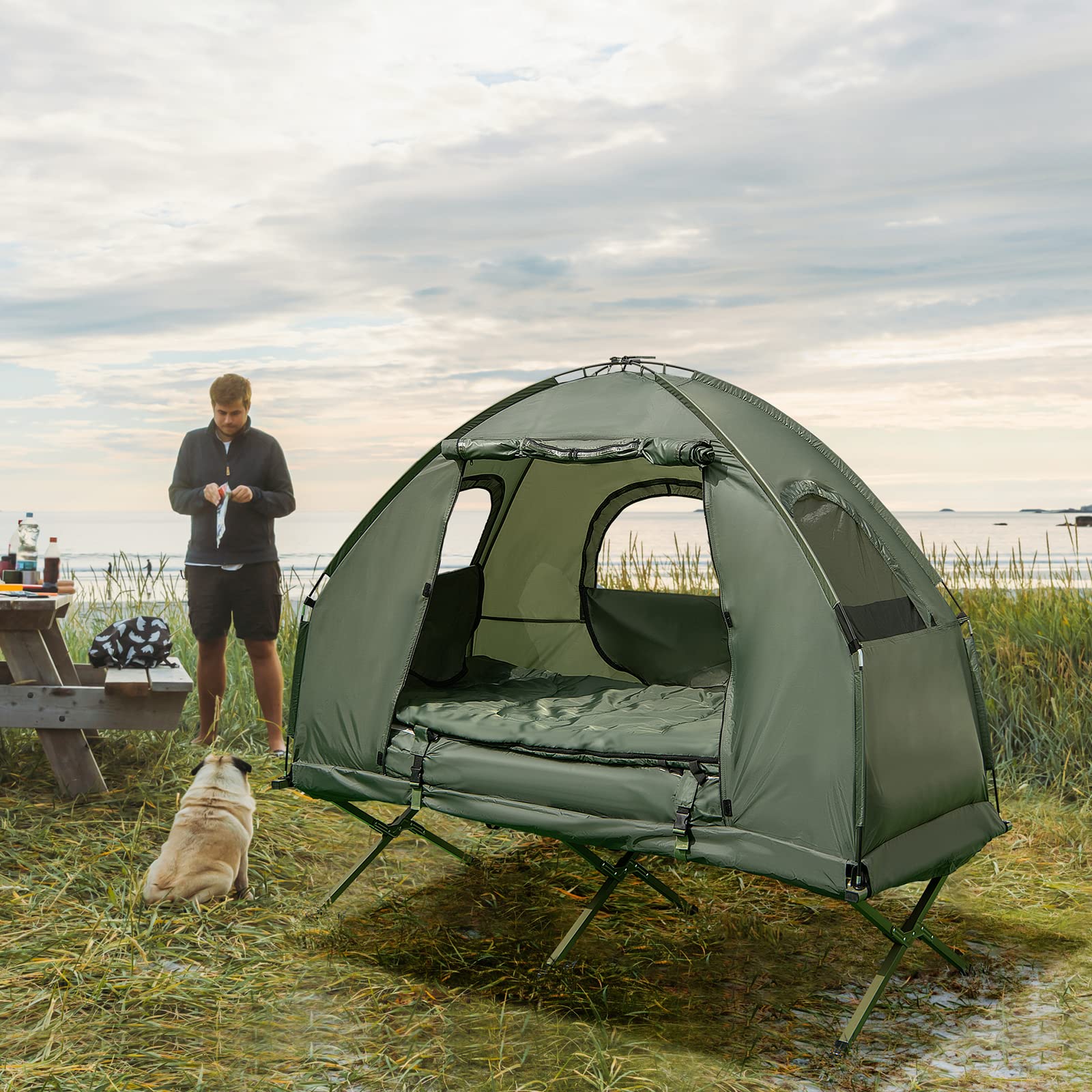 SOARS Feldbett mit Zelt, Campingzelt wetterfest, Campingbett | Campingliege klappbar mit Luftmatratze, Schlafsäcken, Kissen & Rolltasche, Zeltbett für Camping, Picknick, Wandern & Angeln
