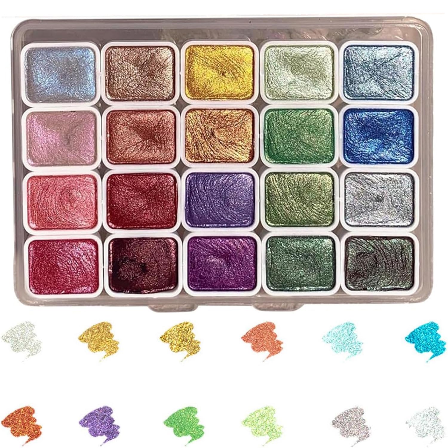 BIXMK 20 Colors Watercolor Painting Set, Metallic Watercolor Paint Set, Glitter Watercolour Solid Paint Box, Pearlescent Watercolor Paint Set Palette for Artists and Painting Lovers