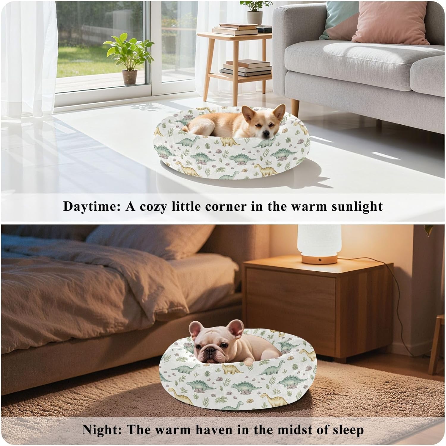 Dinosaurs Rocks White Pattern Dog Bed Round Donut Washable Puppy Cat Bed Small Pet Medium Dog Beds Mat for Dogs Cats Non Slip Soft,M