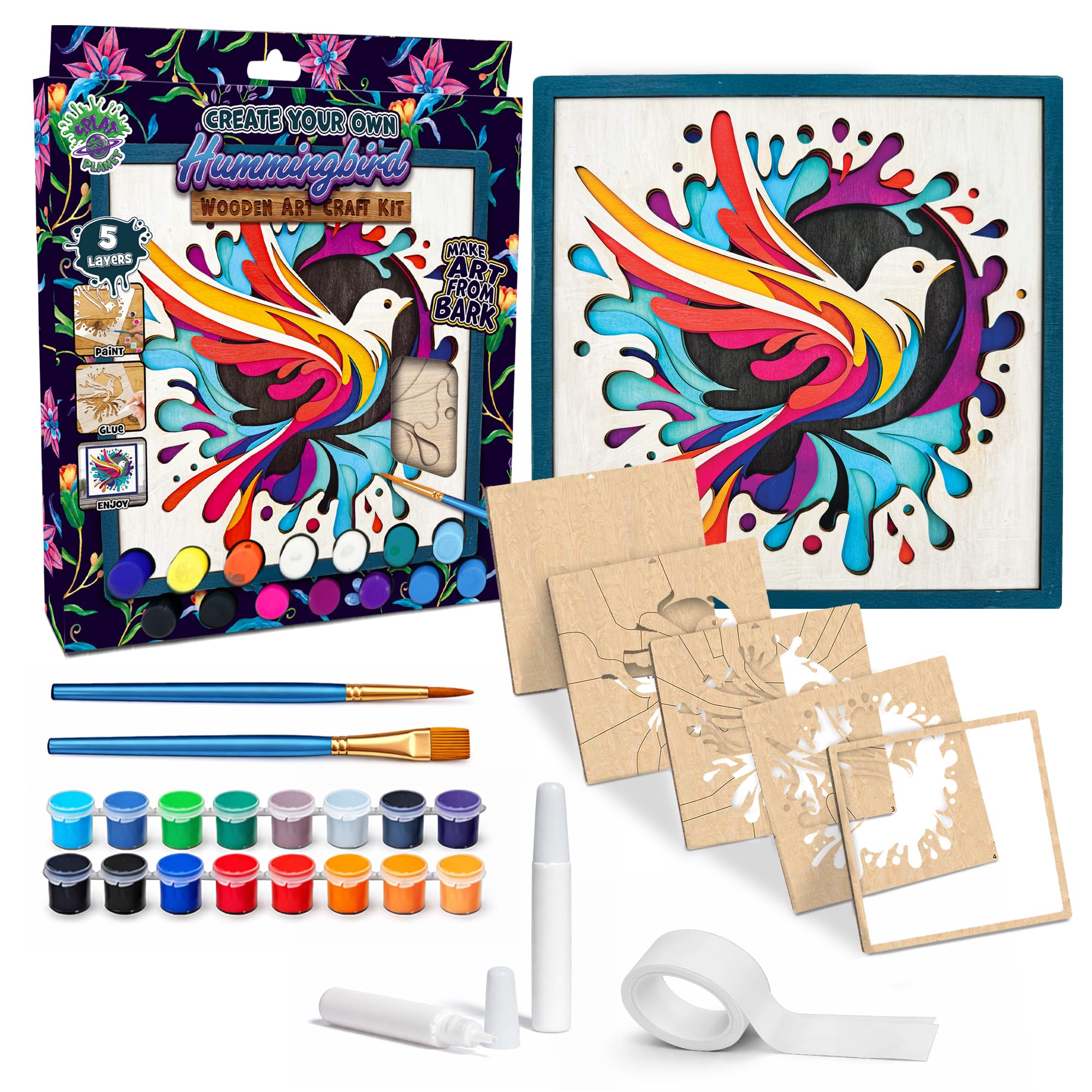Splat Planet - Hummingbird 3D Wooden Art Kit – Paint Your Own 3D Layered Wood Wall Art for Kids & Adults, DIY 3D Art Hummingbird Wood Painting Kit Wooden Art and Craft Gift Set, 25 x 25cm