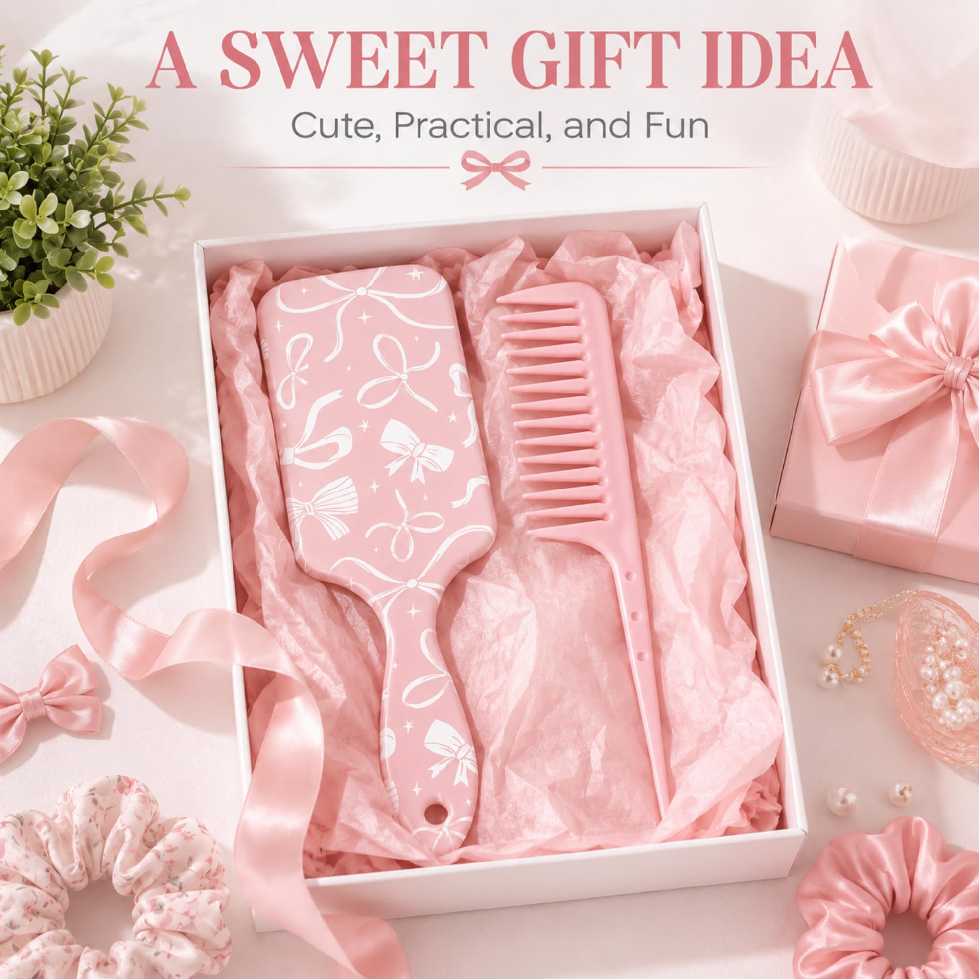 Weysat Coquette - Juego de cepillo para el pelo y peine de cola desenredante rosa, estampado de lazo, antiestático, cojín de aire, peine de dientes anchos para mujeres y hombres, desenreda todo el