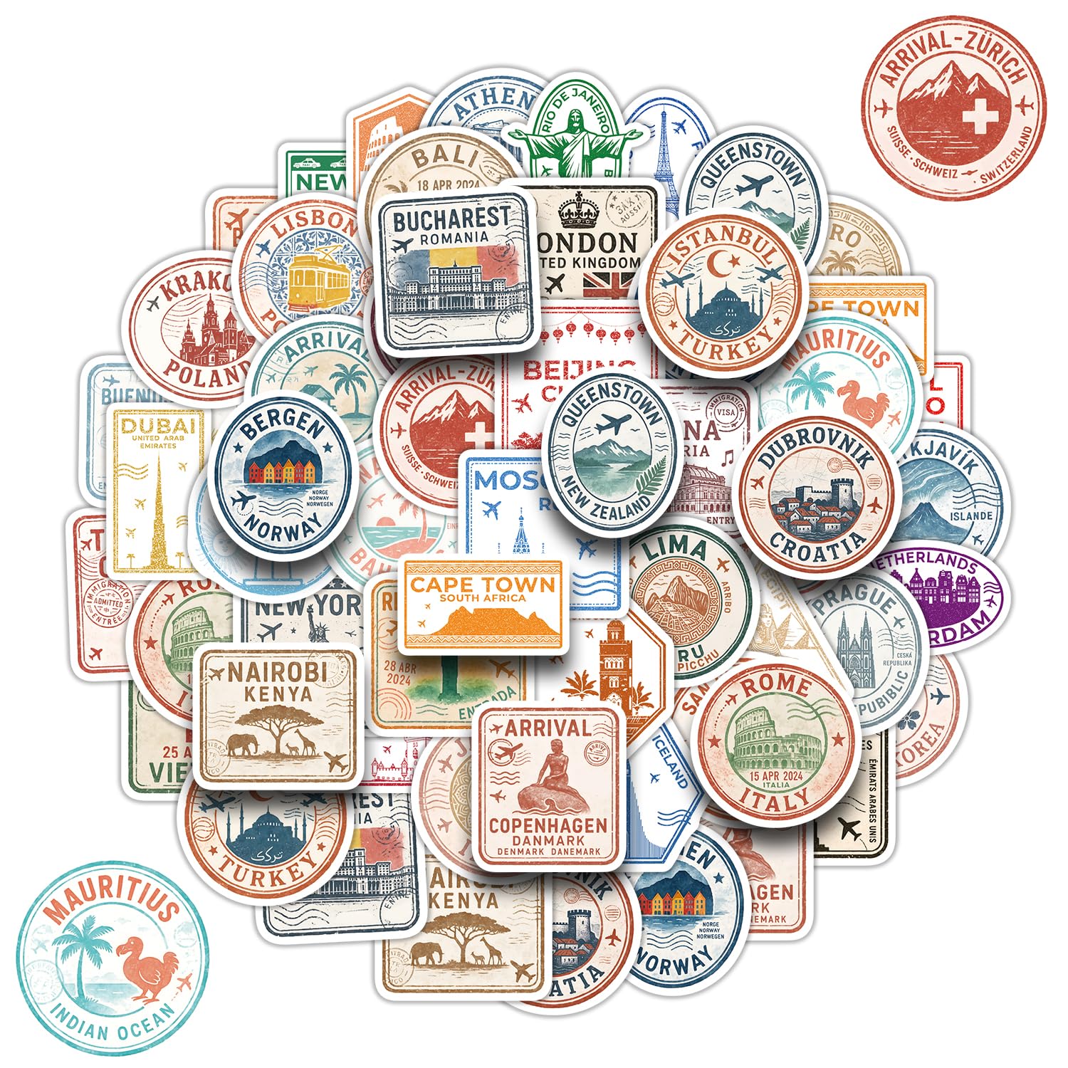 Passport Stamp Vinyl Stickers 50Pcs Travel City Decorative Sticker Pack for Laptop Water Bottle Luggage Phone Case Journal and Scrapbook Decoration