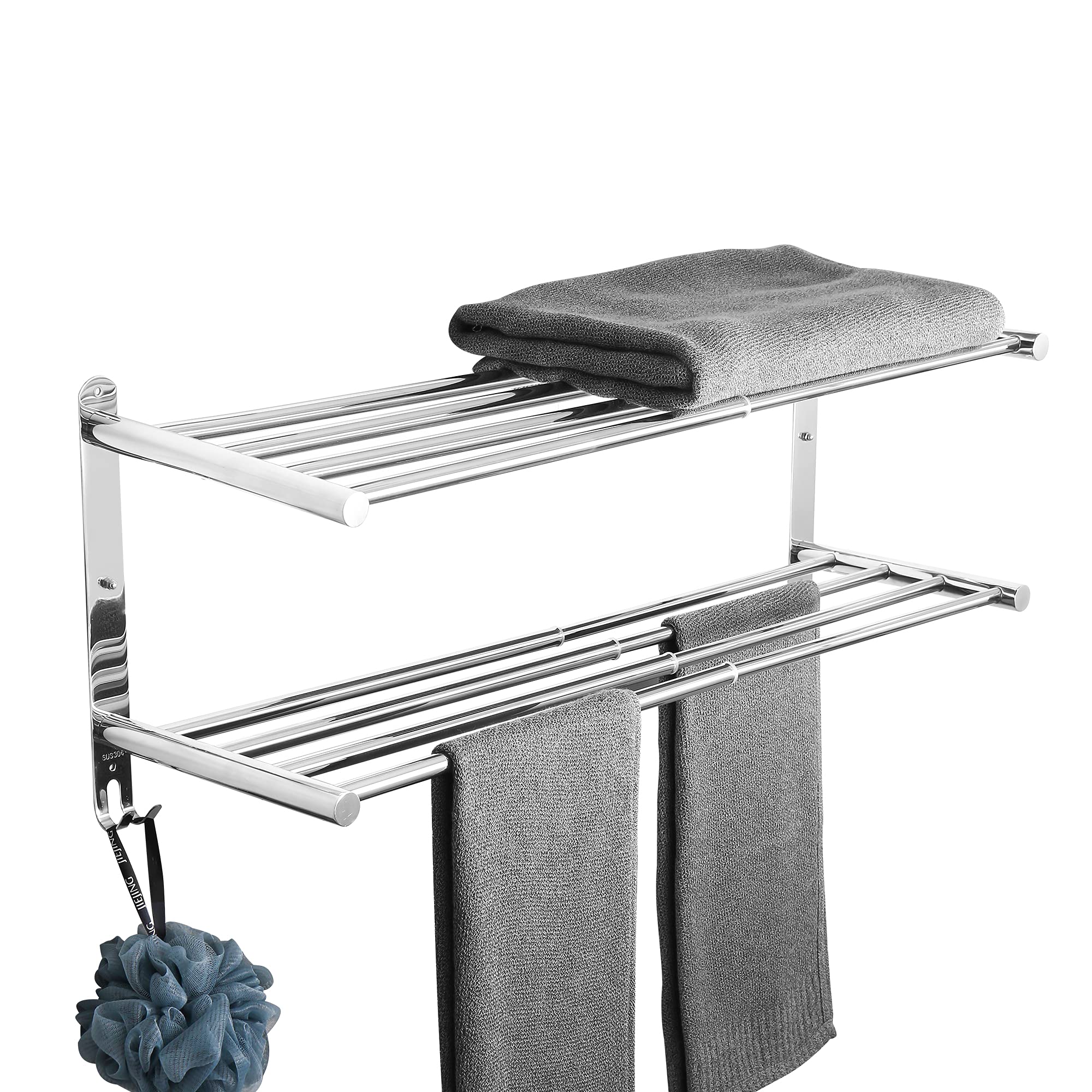 Boyorc 2 Tier Towel Rack Stainless Steel Wall Mounted Adjustable Towel Bars - 43-78Cm With Hooks For Kitchen Bathroom