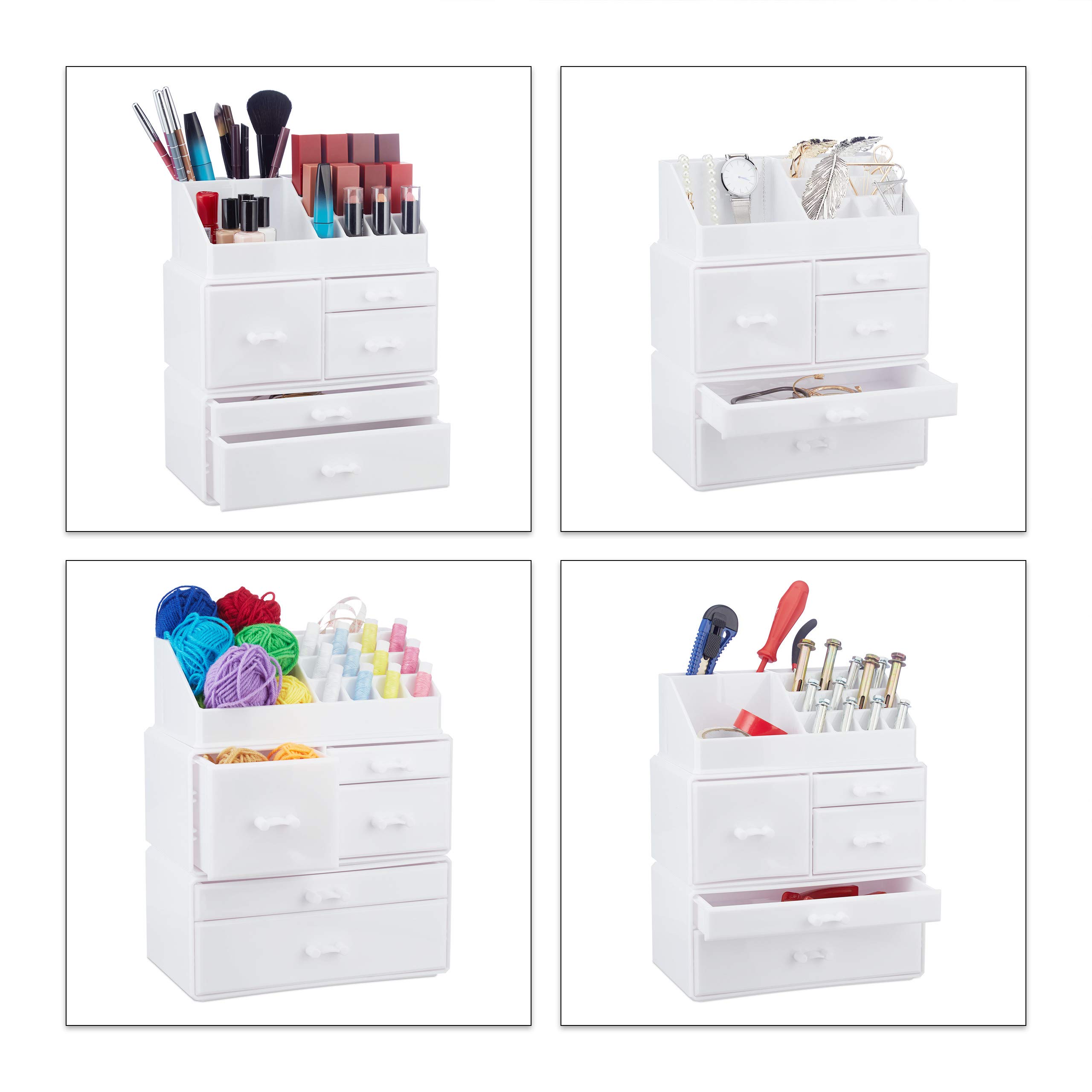 Relaxdays Organizer Make-Up con 21 Scomparti, Contenitore per Cosmetici, Rossetti, Trucchi, Case in Acrilico, Bianco