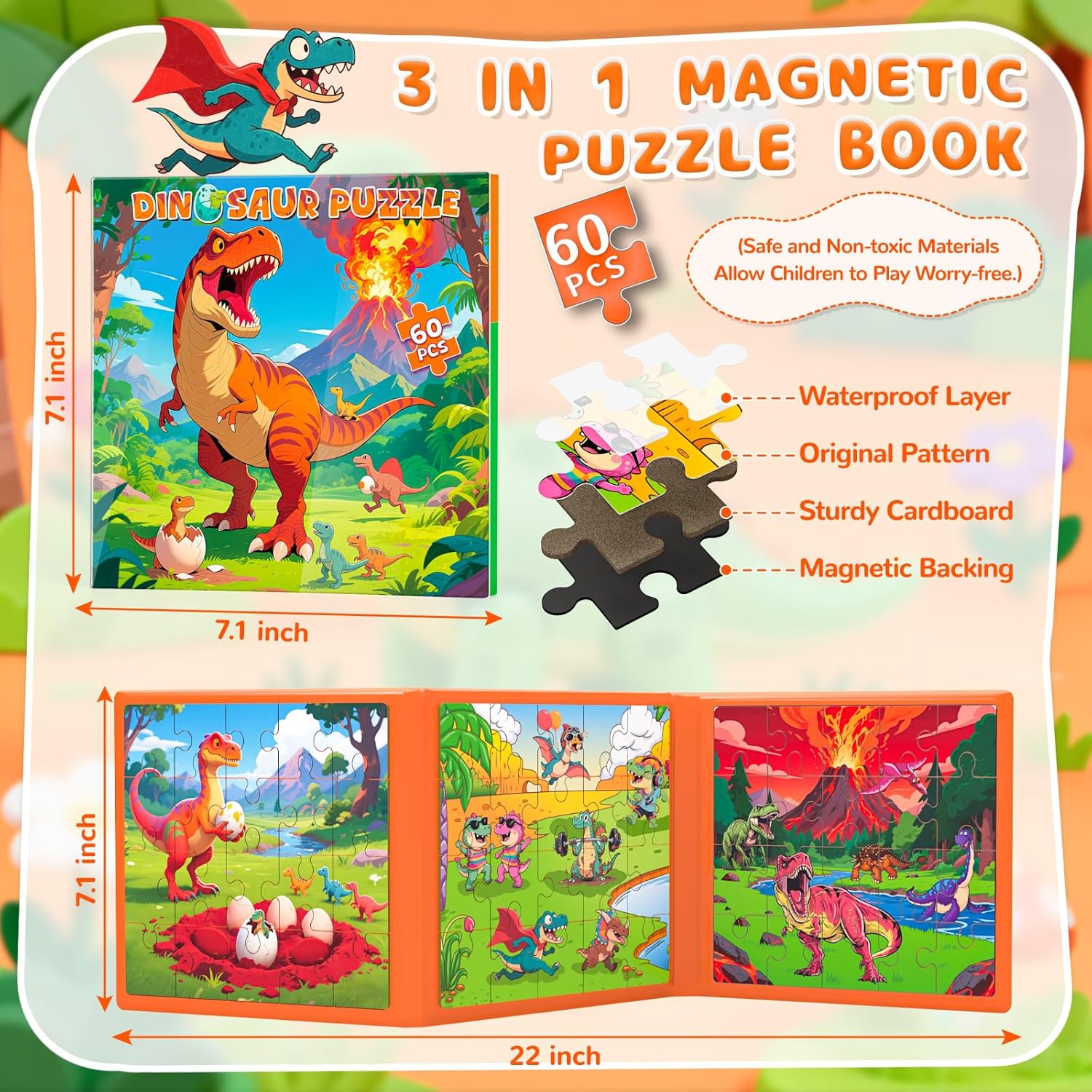 3x20 Pieces Magnetic Puzzles for Toddlers 3-5, The Growth Journey of Dinosaurs 3 in 1 Puzzles for Kids Ages 4-6, Car Airplane Road Trip Activities Toys for 3 4 5 6 Year Old Birthday
