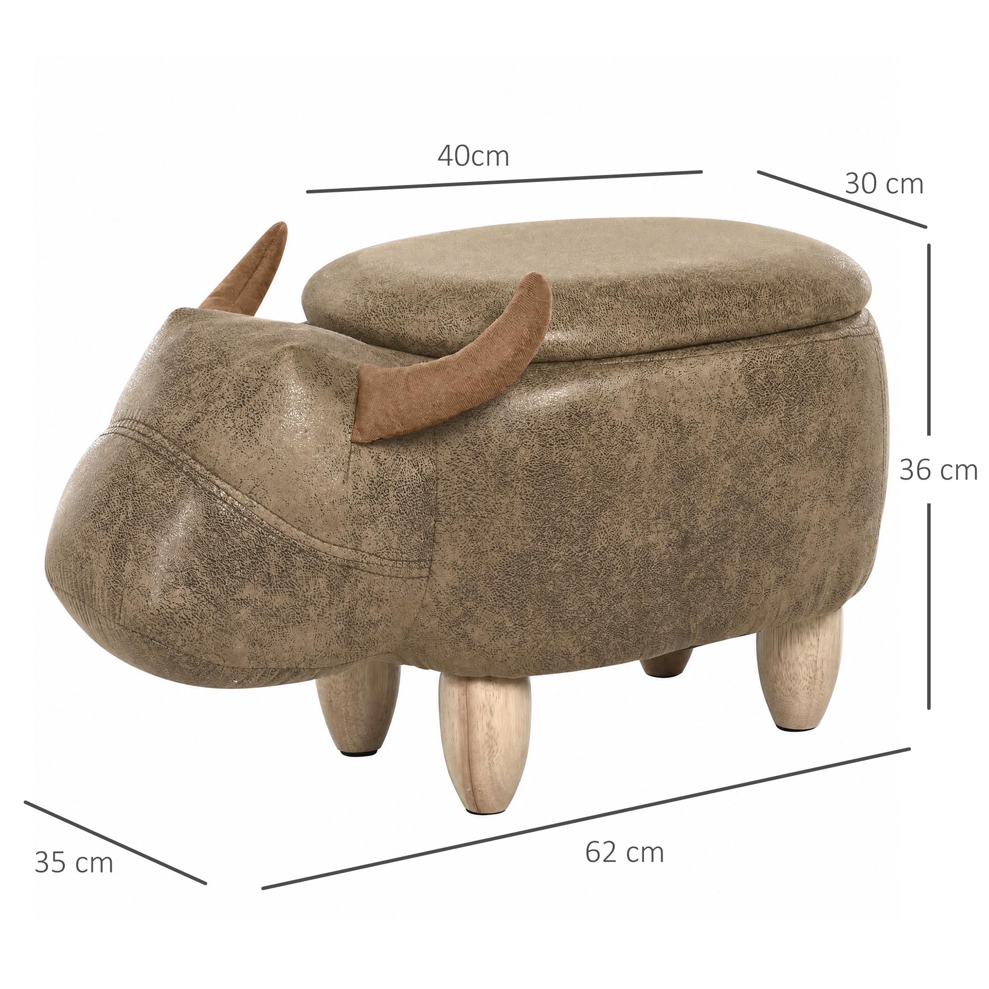HOMCOM Hocker Kuh - Hocker Kuh - Hocker Stier Aufbewahrungsbox 2 in 1 - Beine Hevea-Holz synthetische Beschichtung Wildlederoptik gealtert Braun