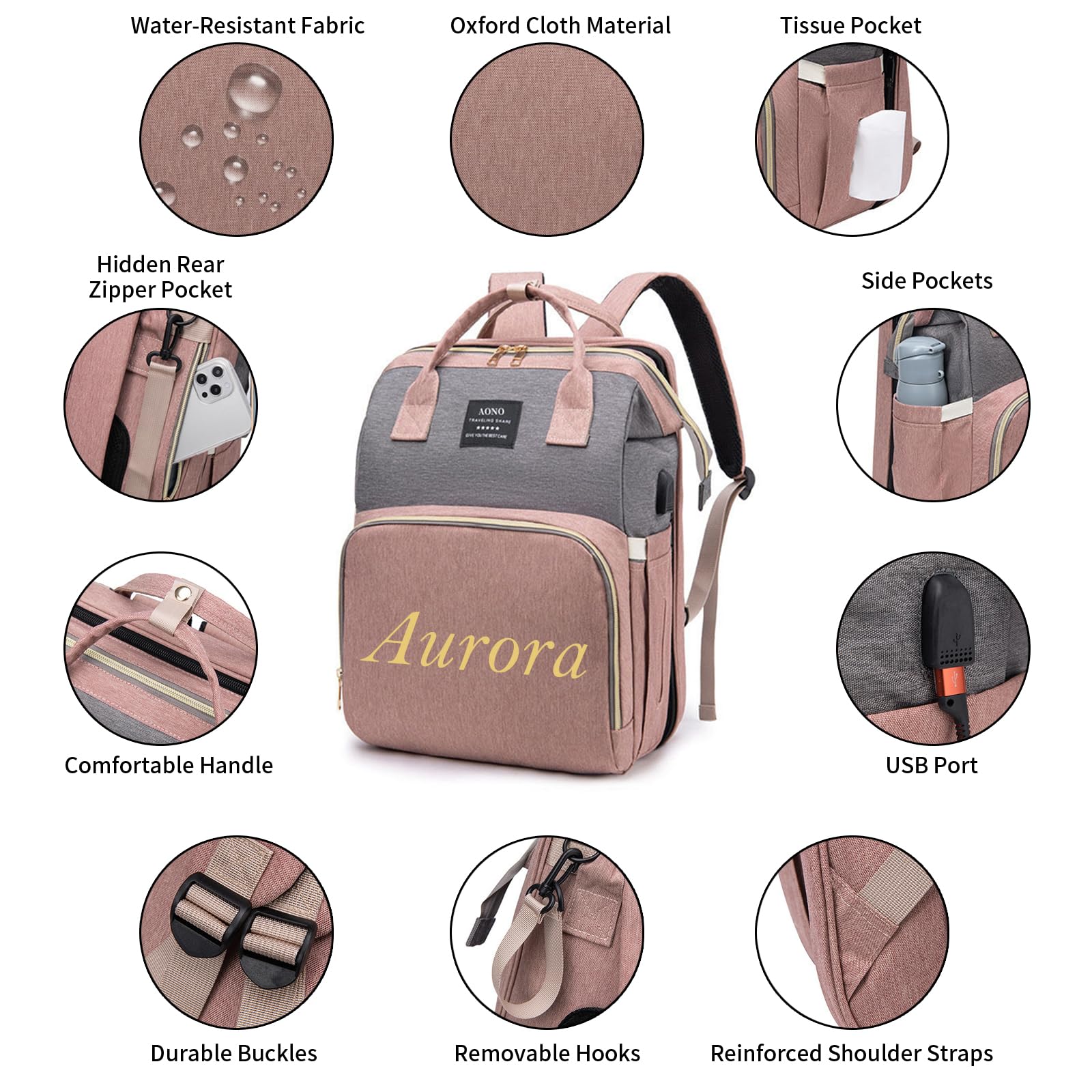 Personalisierte Wickelrucksäcke mit Wickelstation, großer Wickelrucksack mit Sonnenschutz und Spielzeugstange, Kinderwagenriemen und isolierten Flaschenfächern Babyparty-Suche, Geschenk zur Babyshower