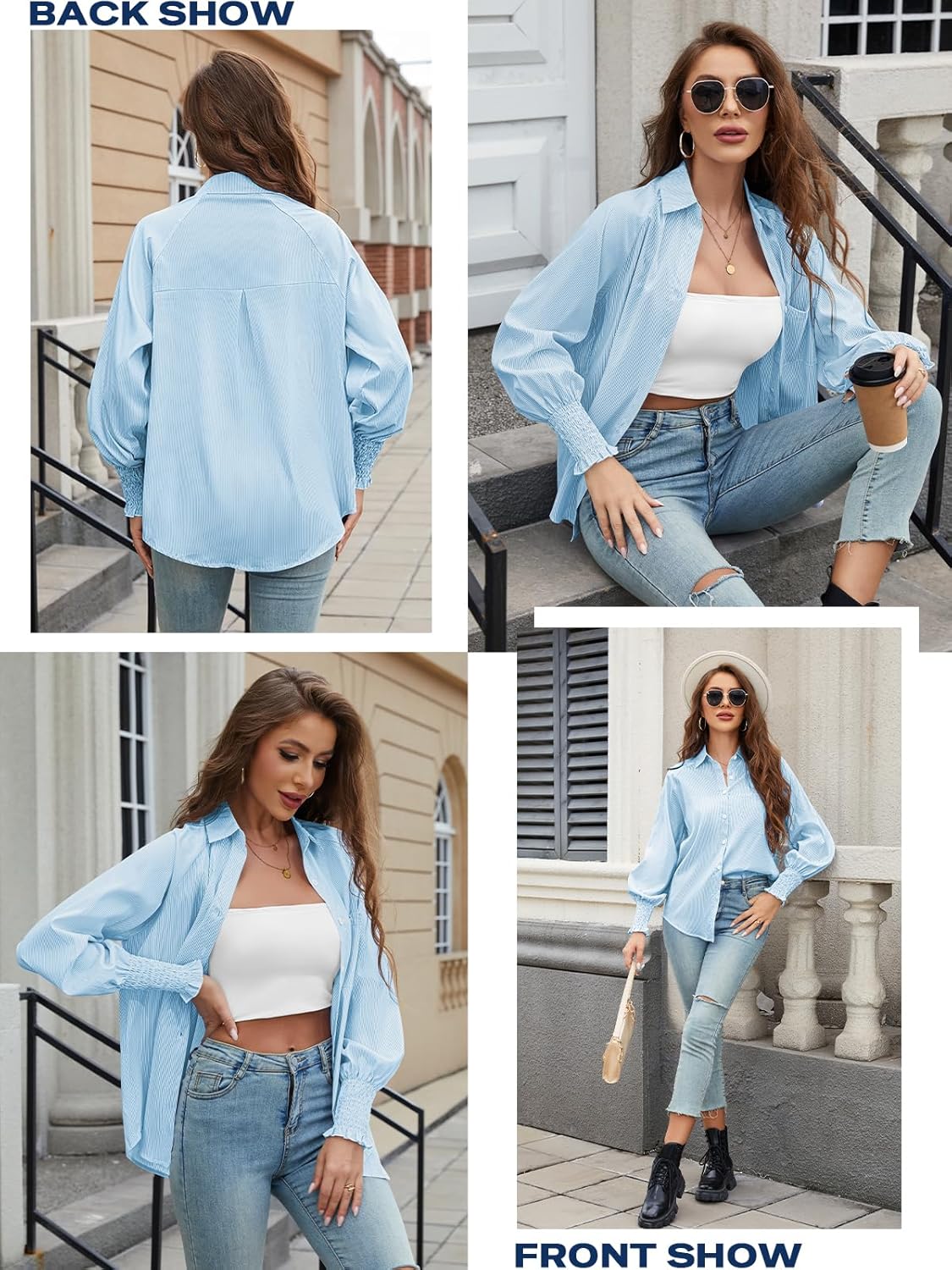 Womens Striped Button Down Shirts Smocked Cuffed Blouse Long Sleeve Casual Collar Oversized Shirt Tops with Pocket - Image 5