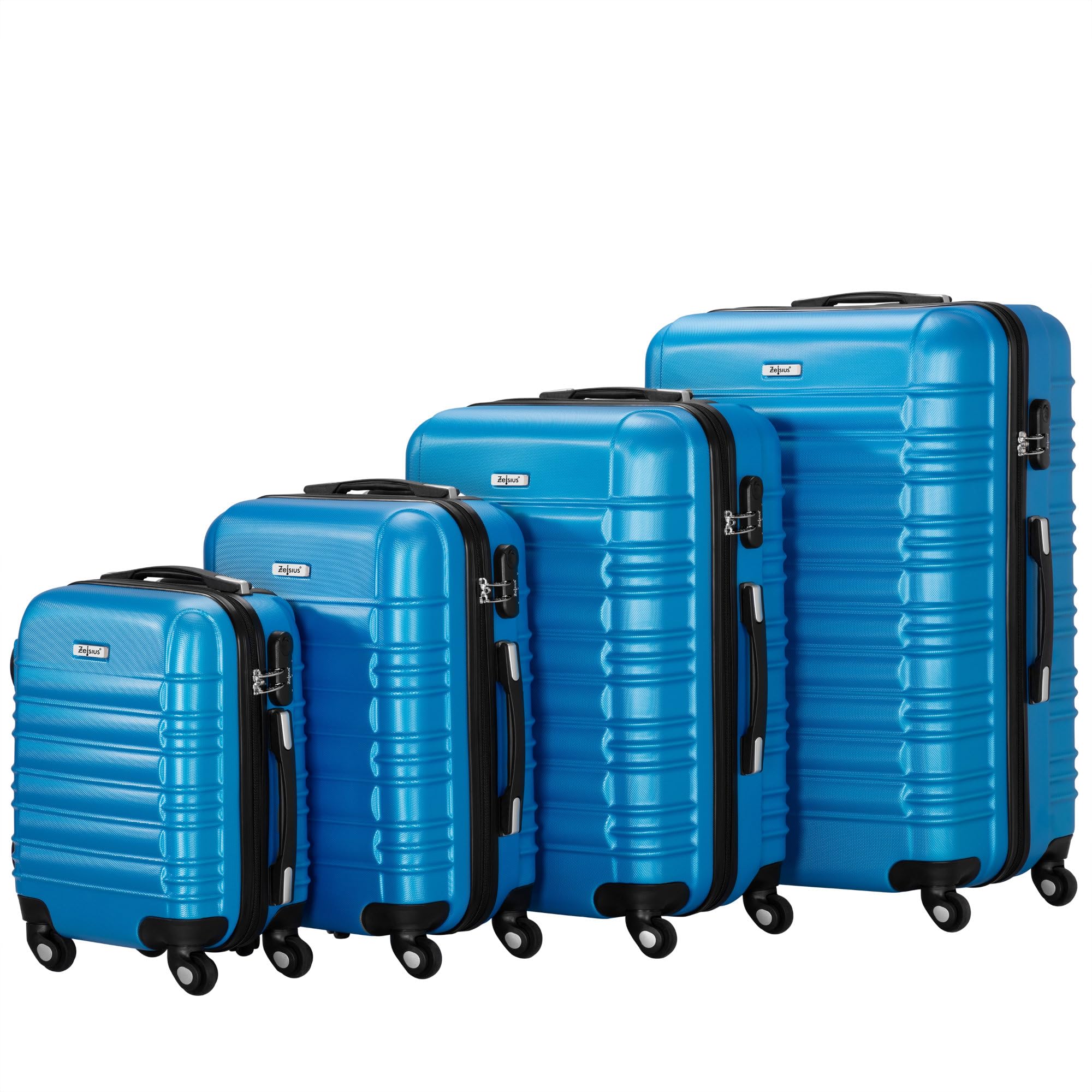 Zelsius Koffer Set 4 Stück, Blau | ABS Hartschalenkoffer mit Zahlenschloss, 4 Rollen und Innen Trennwand | Handgepäckkoffer, 4 teilig, Trolley, Groß, Luggage Set