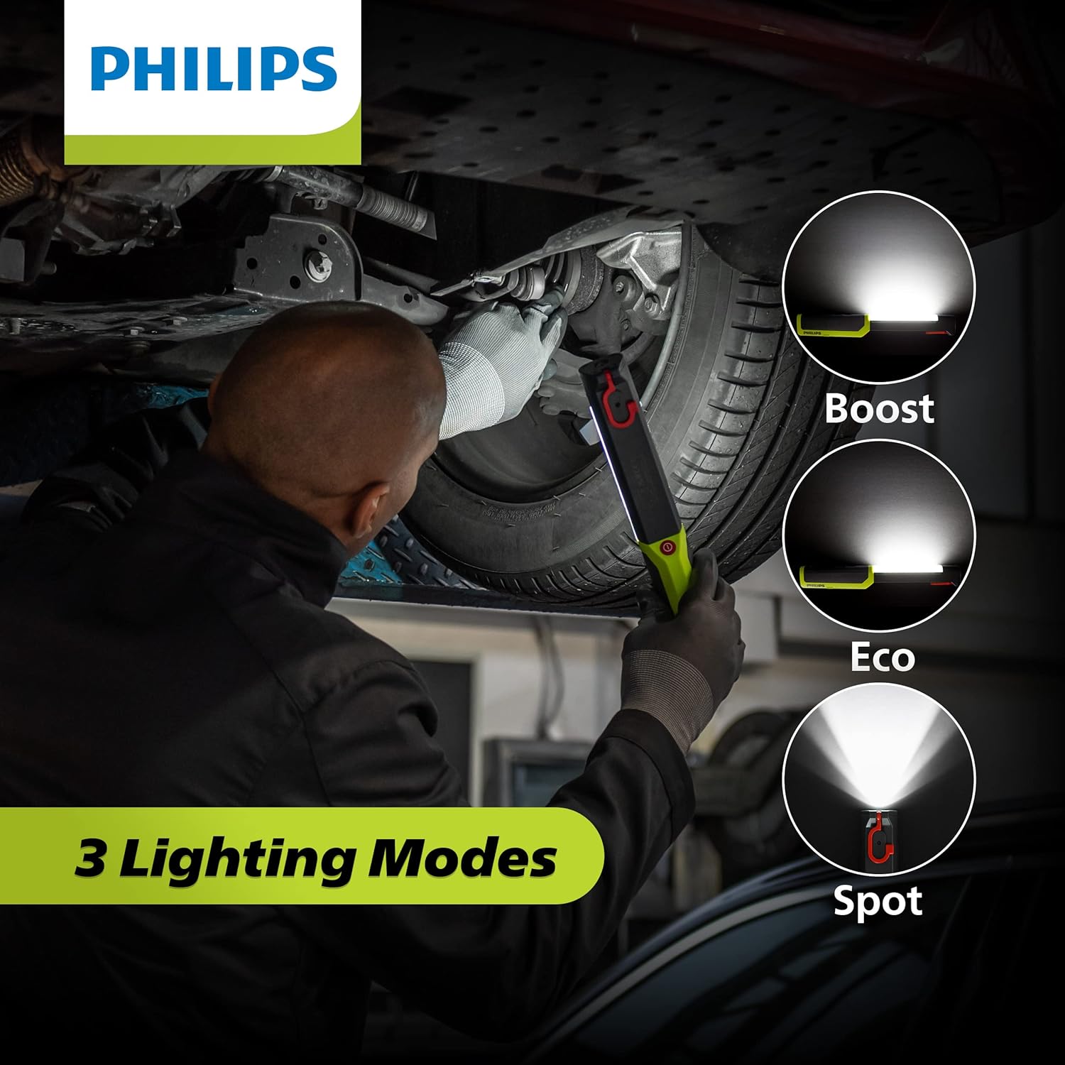 Philips Xperion 6000 Line Rechargeable LED Work Light, 300 Lumen Professional Handheld Flashlight with Magnetic Base and Hanger Hook for Mechanics, Construction