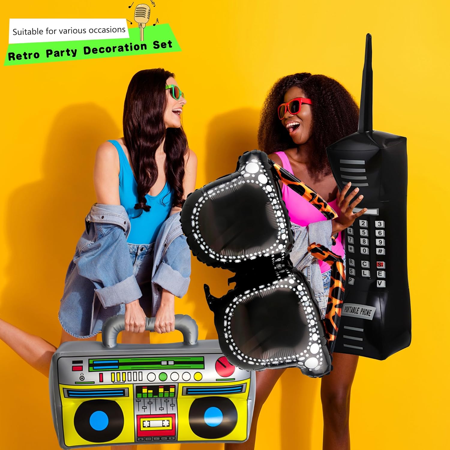 10 Pcs 80s 90s Inflatable Props Includes Inflatable Radio Boombox Inflatable Mobile Phone Inflatable Microphone Inflatable EyeGlasses for 80s 90s Hip Hop Theme Party Decorations - Image 4