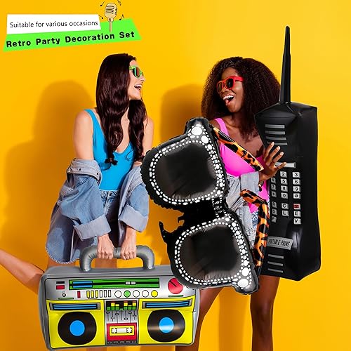 Miniatura 4 de 10 piezas de accesorios inflables de los años 80 y 90, incluye radio inflable Boombox, teléfono móvil inflable, lentes inflables para decoraciones