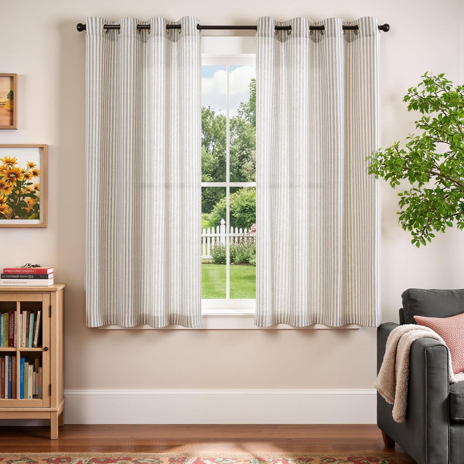 Vangao Linen Striped Curtains for Living Room Bedroom Farmhouse Tickingstripe Light Filtering Window Curtains Printed Drapes Grommet Top 2 Panels Grey W50 x L63 Inch