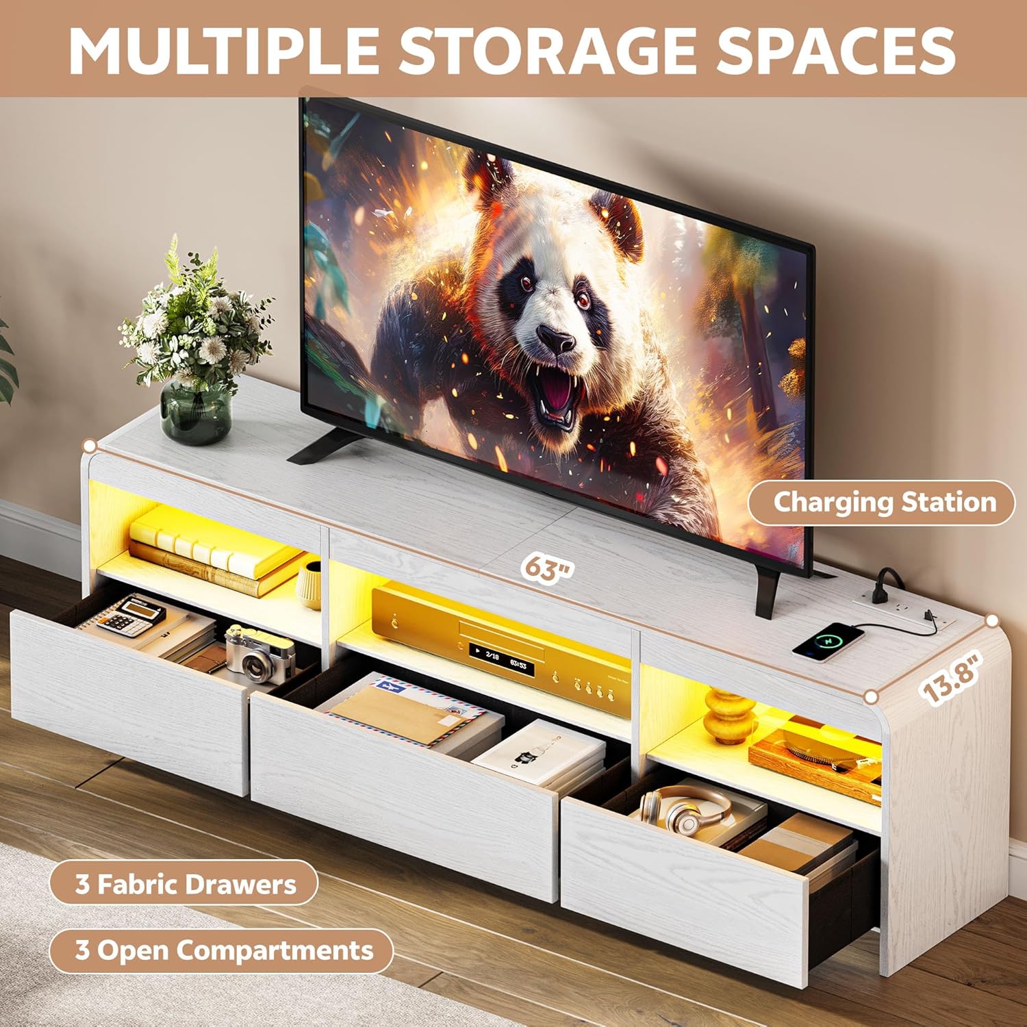 LED TV Stand for 65, 70 Inch TVs, Entertainment Center with Drawers and Open Storage, Wood TV Console w/Power Outlets, Modern Media Console, Curved Corner, for Living Room, Bedroom, White 7 8198AzjD bL. AC SL1500