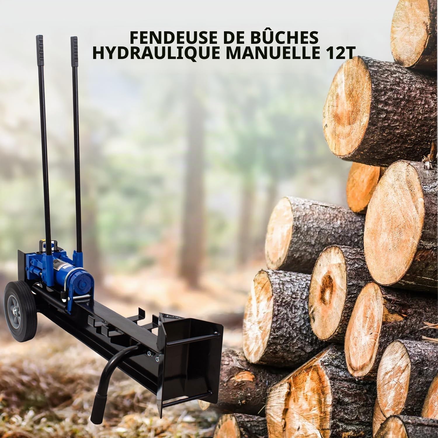 KATSU Fendeuse de bûches hydraulique manuelle de 12 tonnes avec roues Fendeuse de bois robuste Machine de fendage de bois de chauffage 331251