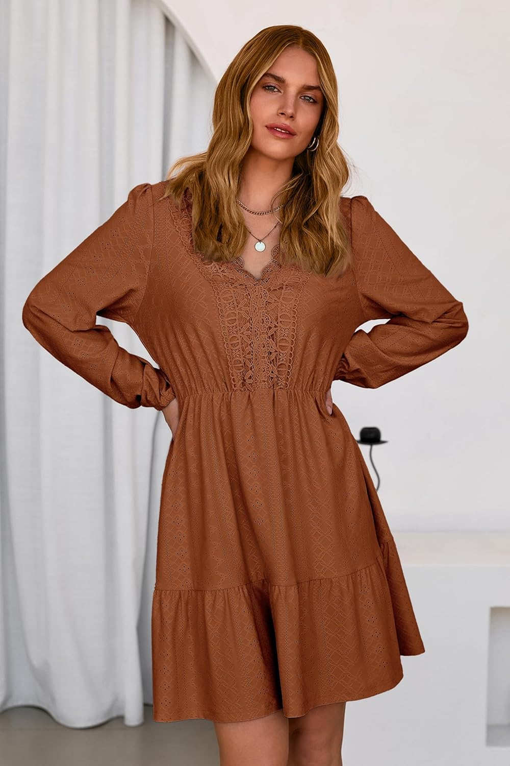 Dokotoo Womens Dresses Spring Summer Elegant Lace Hollow Out Embroidered V Neck Long Sleeve Casual A-Line Swing Mini Dress