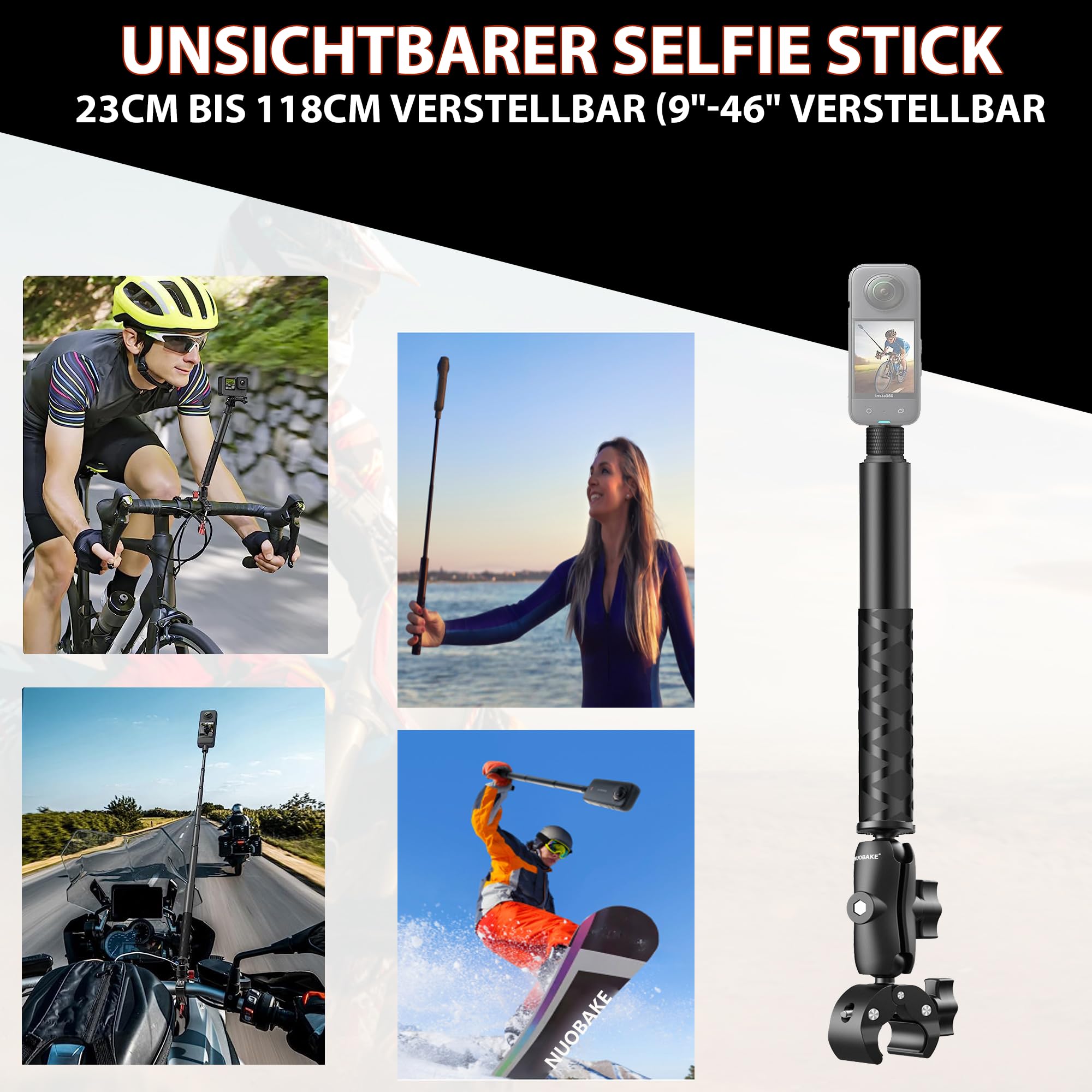 Fahrrad & Motorrad Lenker Montage Komplettset für Action-Kameras | Aus der Ich-Perspektive & Fahrrad-Selfie-Stick Halterung | Kompatibel mit Gopro, Insta360 X5, X4, X3 u.a. | Jetzt entdecken