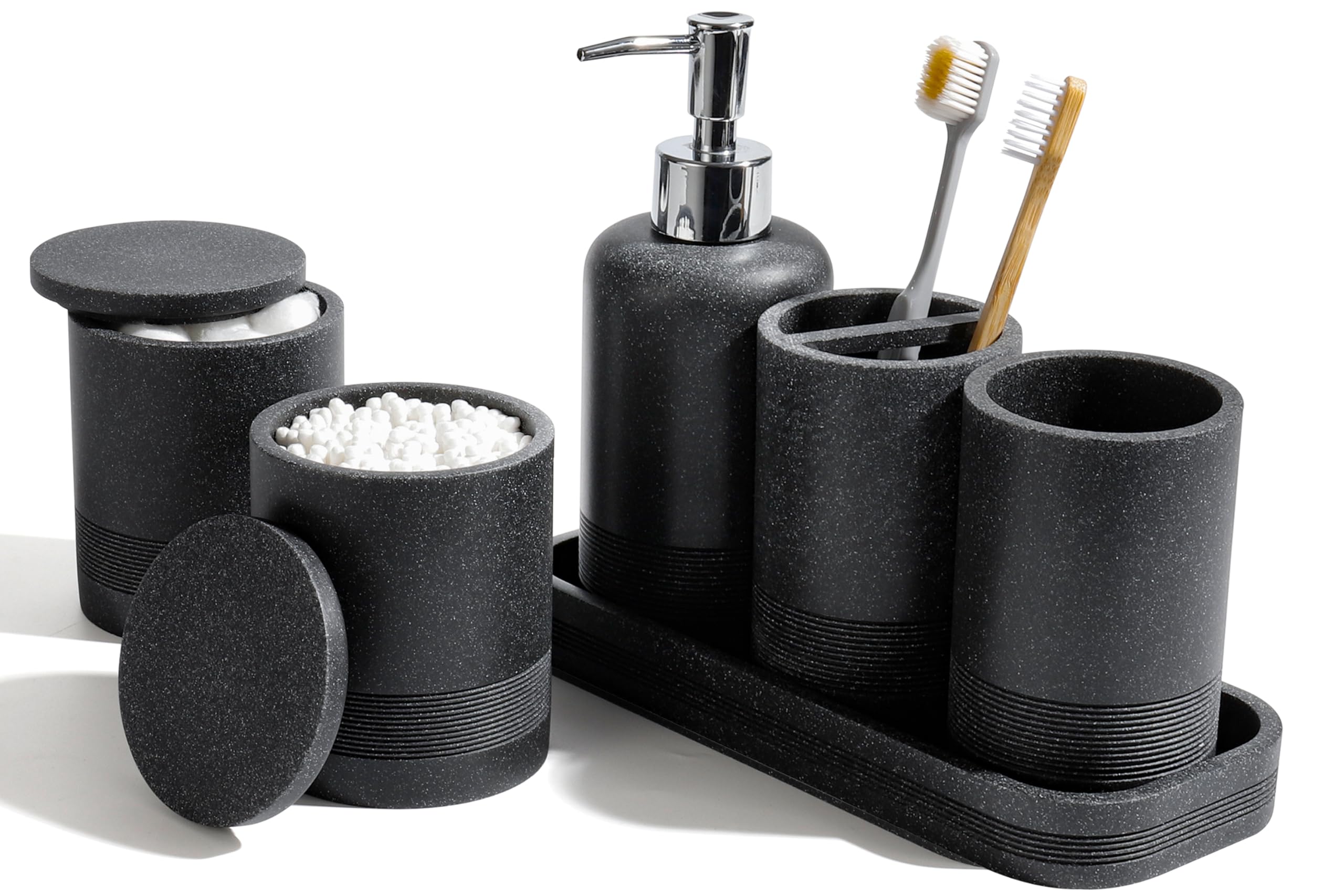 YMXYJM Juego de accesorios de baño, juego de baño de 6 piezas con soportes para cepillos de dientes, dispensador de jabón, bandeja de tocador, vaso, tarros de hisopo de algodón, organizador de baño