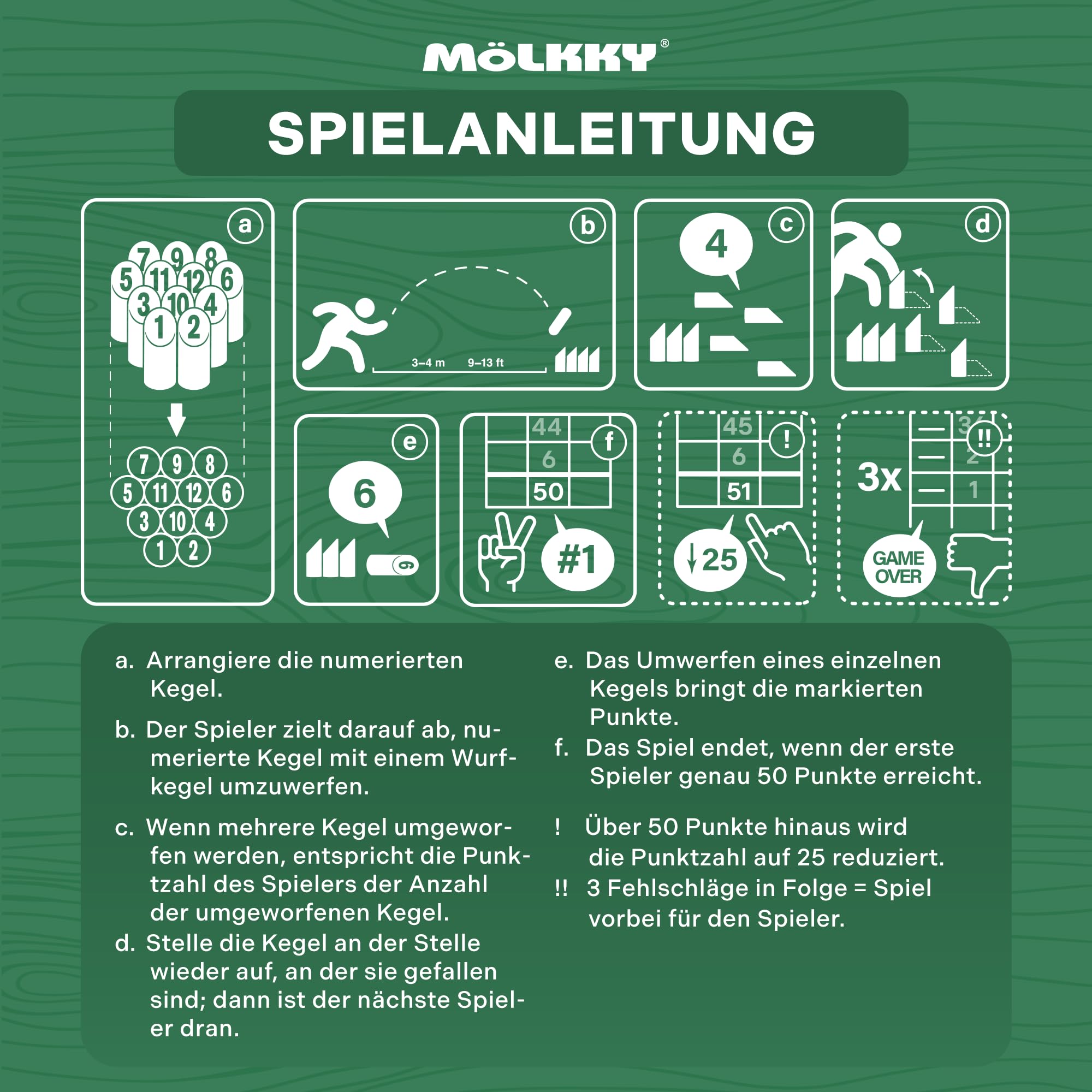Mölkky Original - Holz Wurfspiele für Draußen, Garten, Picknick, Strand, Freizeit, Camping - Birkenholz 12 Kegel,1 Stock, Spiel Outdoor für Familie, Gruppen, 2+ Spieler, ab 6 Jahren