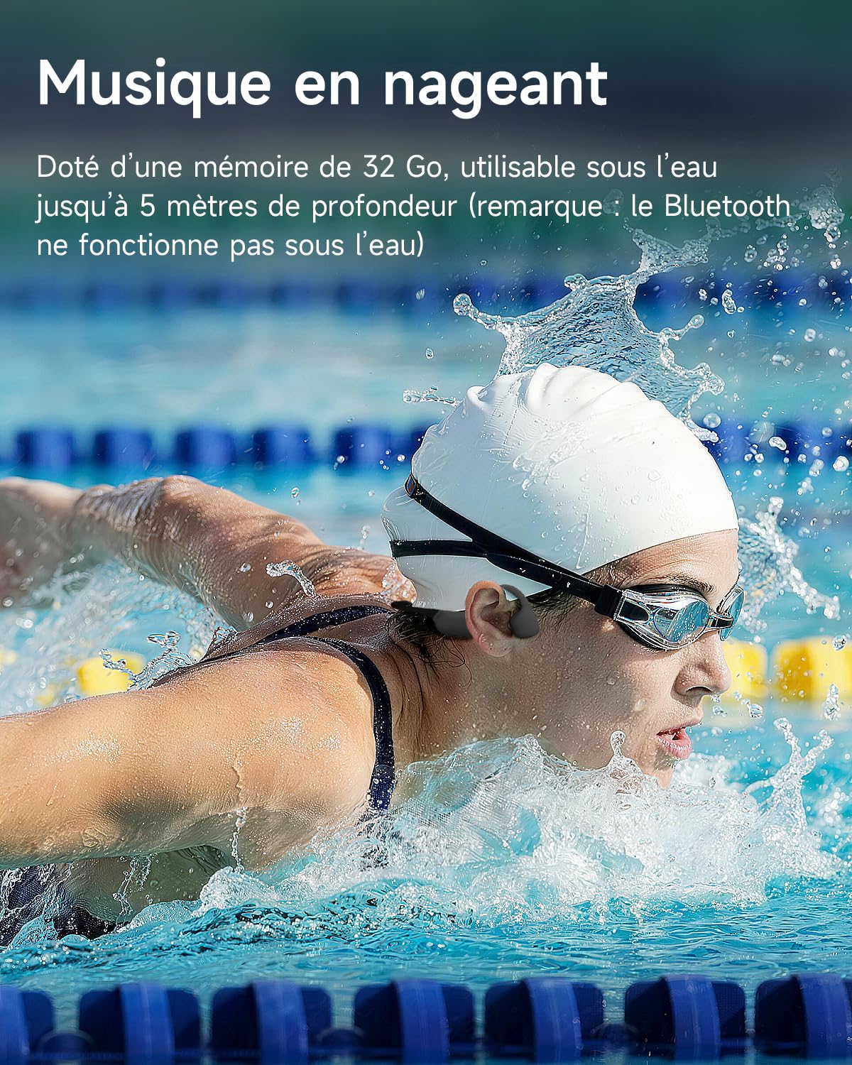 Casque Conduction Osseuse Natation, Étanchéité IP68, Lecteur MP3 32Go, Écouteurs de Sport Bluetooth 6.0, 10 Heures d'Autonomie pour la Natation, la Course et Le Surf, Noir