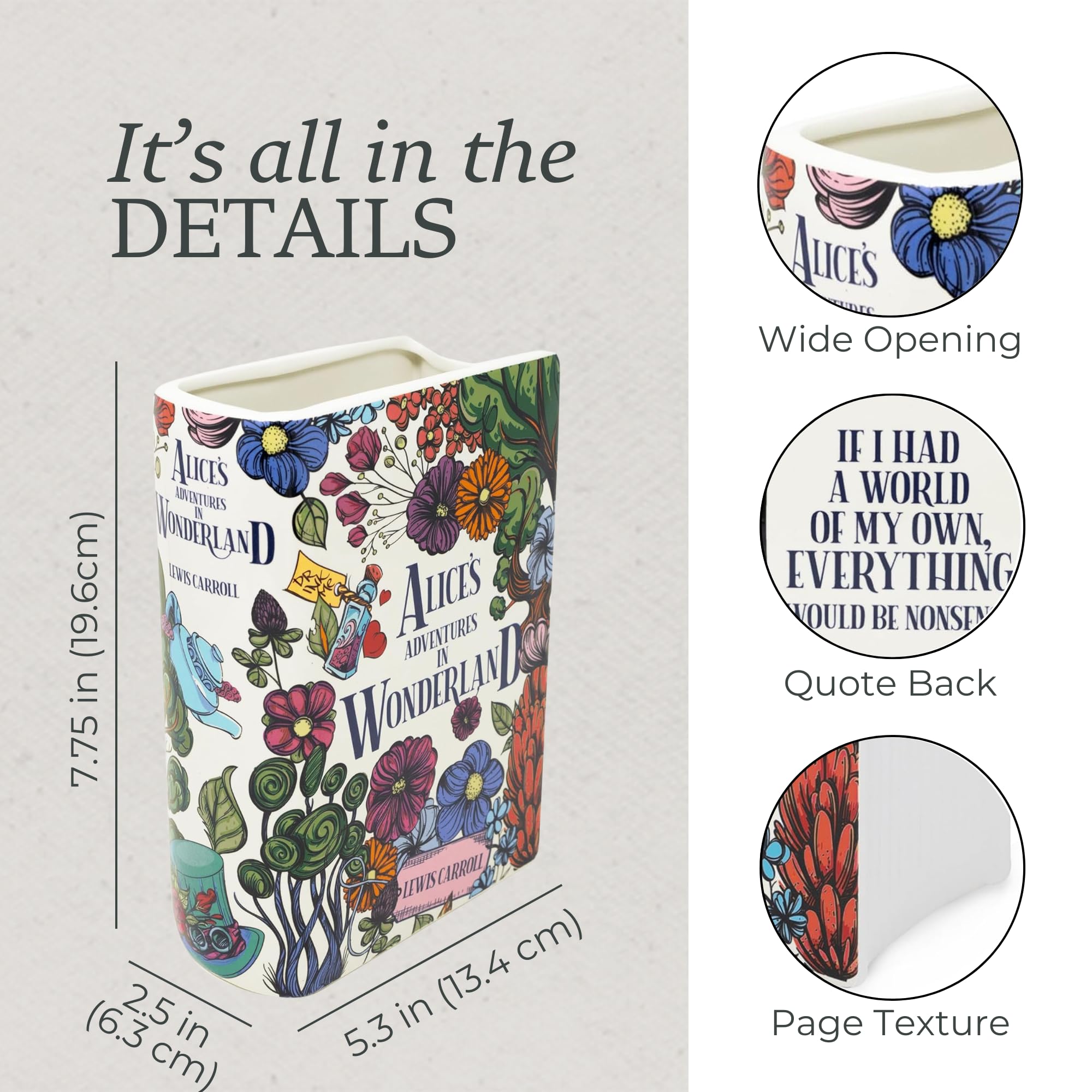 Steel Mill & Co, vaso decorativo originale a forma di libro, in ceramica, per la casa, decorazione graziosa, ideale per chi ama i libri, motivo Alice’s Adventures in Wonderland, Floral Nonsense
