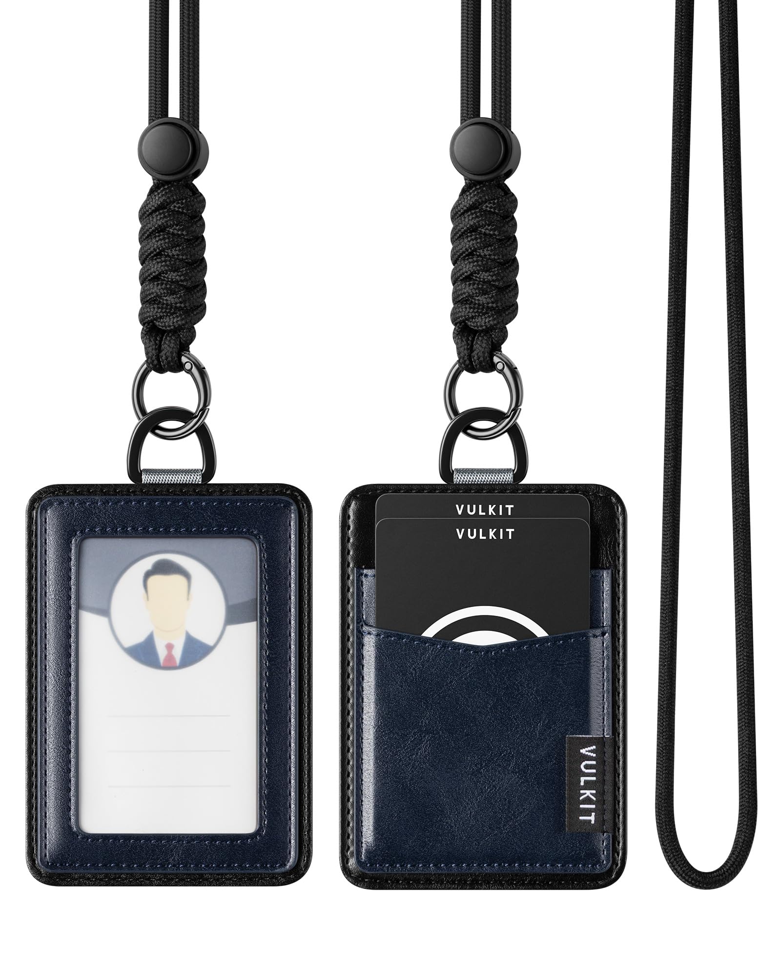 VULKIT Leather Vertical ID Badge Holder with Lanyard, Navy Blue