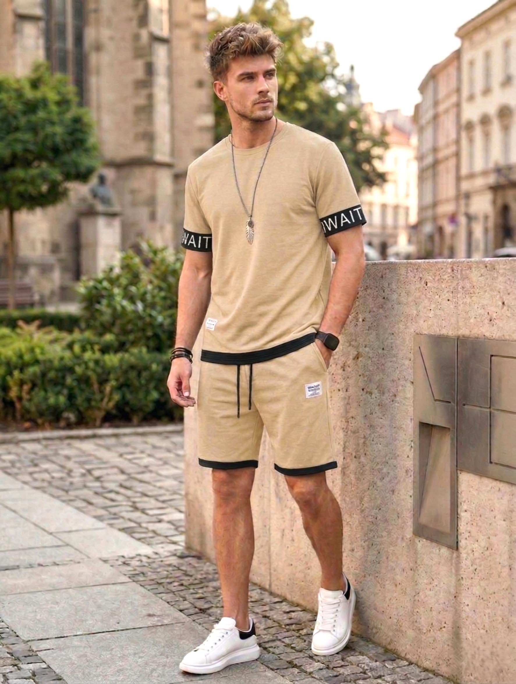 Lymio SSM-CS-1-3 - Set casual da uomo con coulisse, elegante maglietta e pantaloncini abbinati alla moda