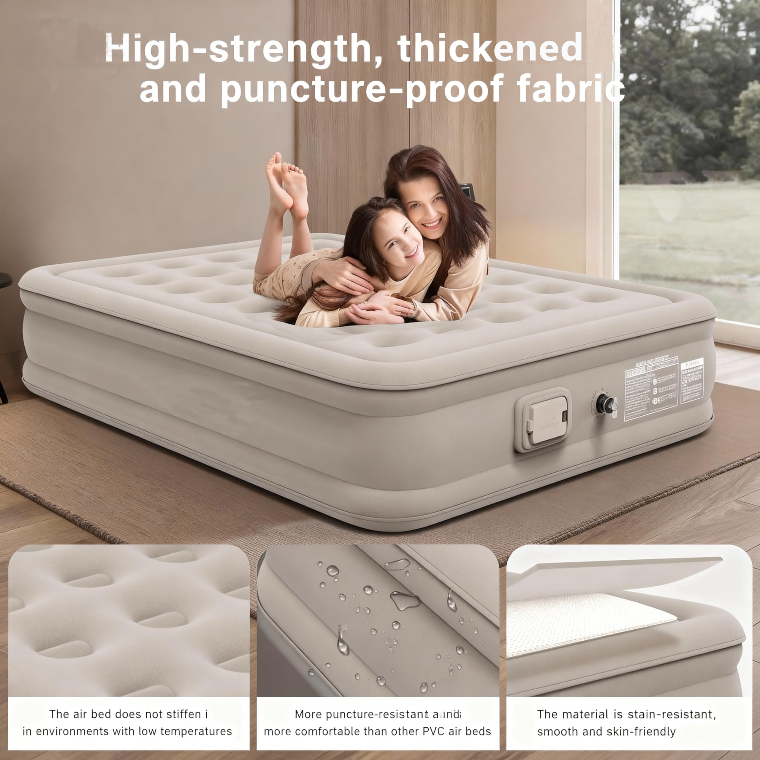 Luftbett 1 Personen,Luftmatratze Selbstaufblasend mit Elektrischer Luftpumpe, Kissen und Nachtlichtfunktion, Aufblasbare Matratze für Erwachsene Camping und Heimgebrauch,Beige 190x100x40cm