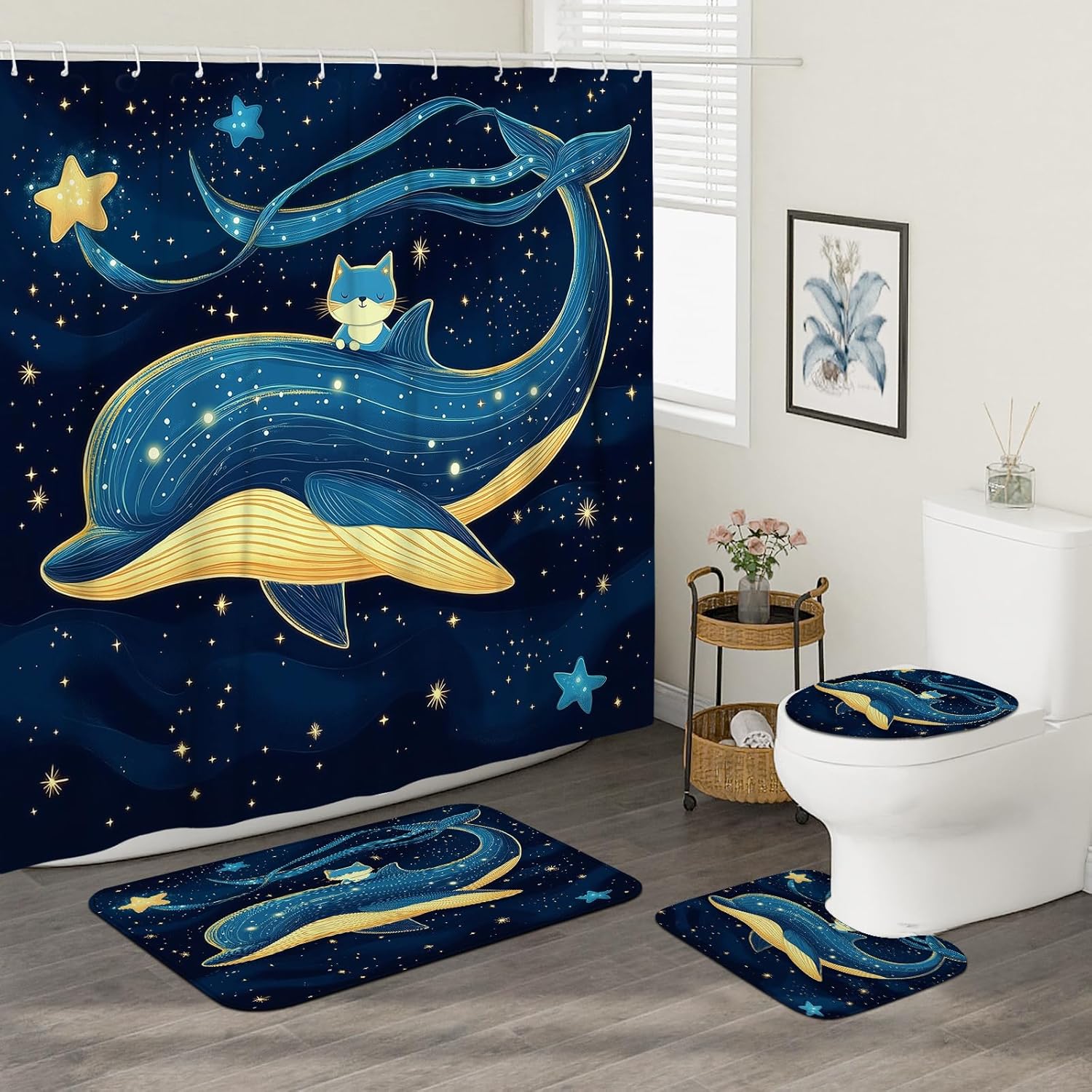 4PCS Kids Fun Dolphin Bathroom Sets, Bath Accessory with Non-Slip Rug, U Shape and Toilet Lid Cover Mat, Fantasy Cartoon Sealife Bathroom Decor-72''x72''