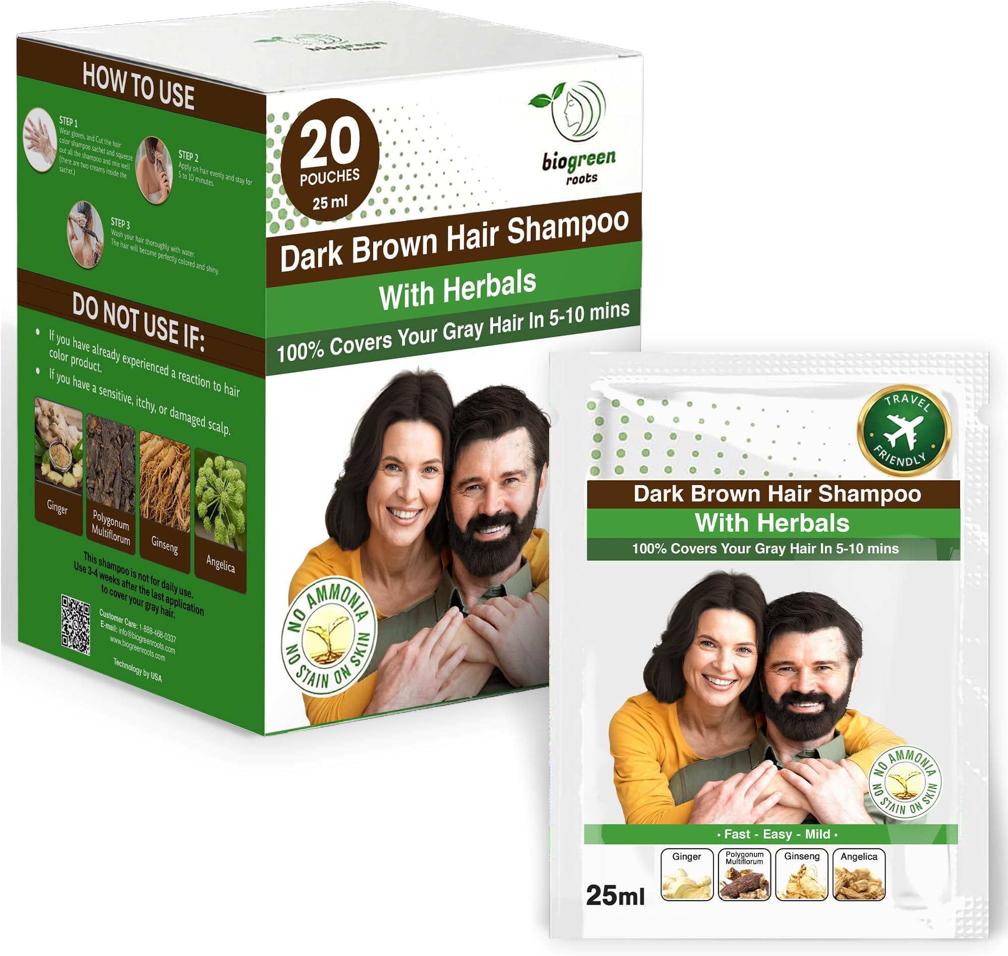 Ammonia-Free Herbal Hair Shampoo - Covers Gray Hair for Men & Women - Natural Color & Nourishment - No Skin Stains - Dark Brown (20 sachets x 25 ml)
