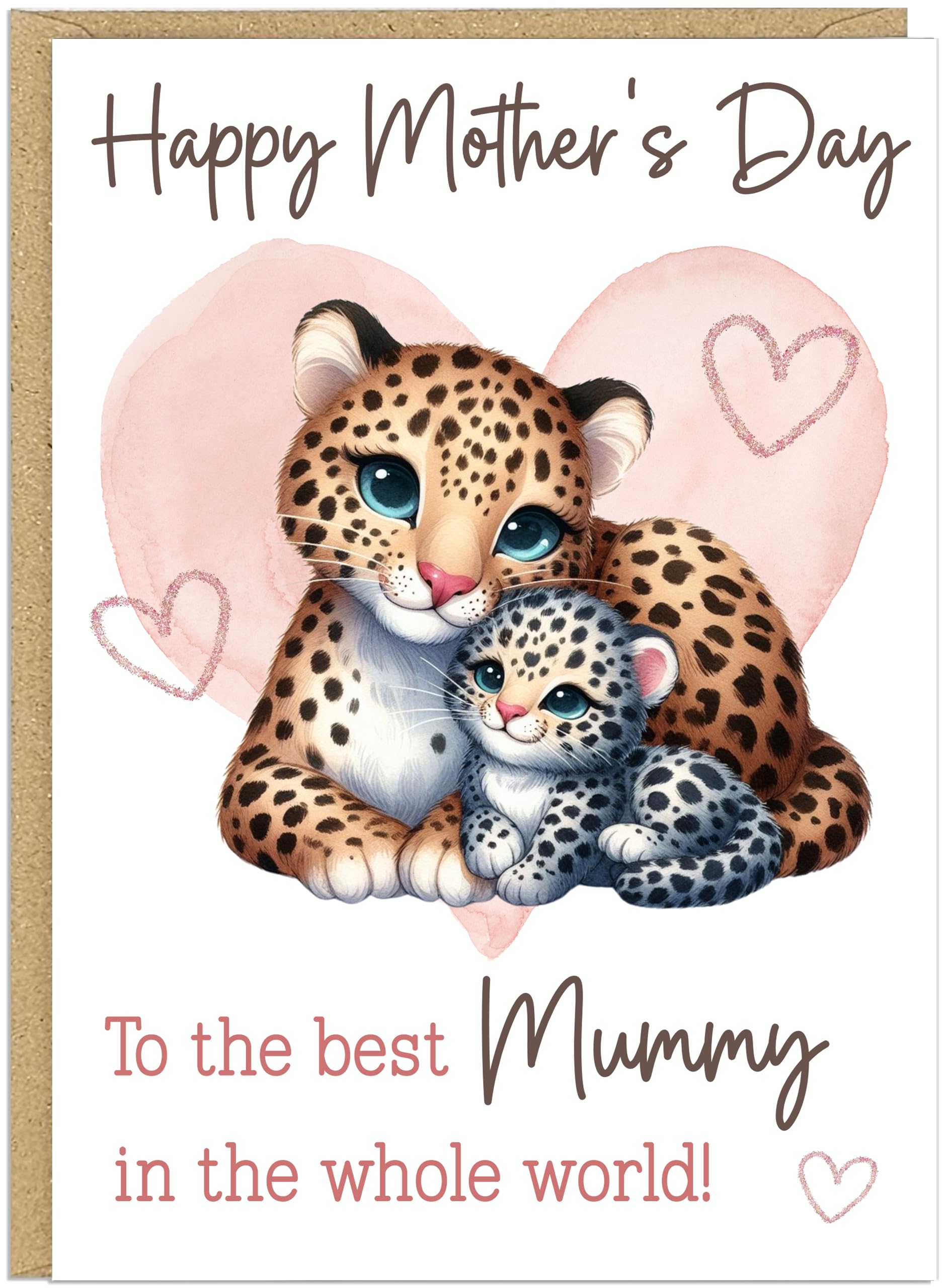 Personalised Happy Mother's Day Greeting Cards Custom Own Name For Mummy Mum Grandma Nanny Nan Best in World Cute Heart Animal Designs in A5 (Leopards)