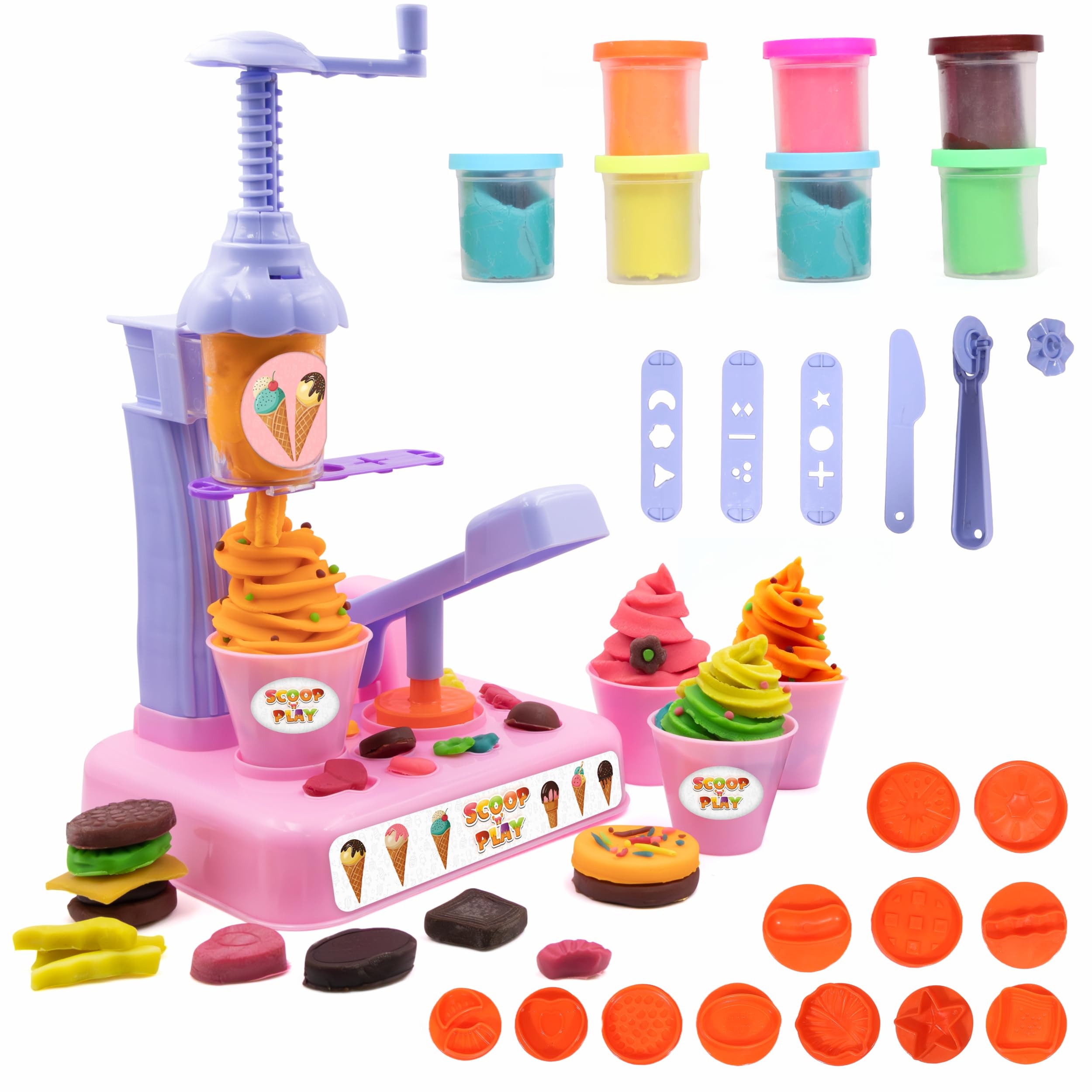 Chanak Play Dough Ice Cream Maker Set, Safe Non-Toxic Dough Ice Cream Maker Including 6 Color Dough Tubes Each 50g + 1(100gm) for Boys Girls, Above 3+ Age (Pink)