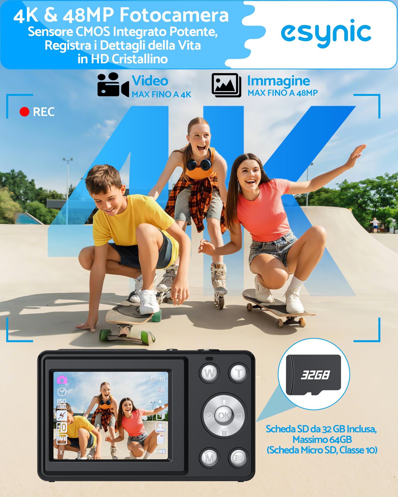eSynic Fotocamera Digitale Compatta 4K 48MP, Doppio Schermo LCD 2.4''+1.3'' per Bambini, Zoom Digitale 18X, Luce Supplementare, Include SD 32GB, Macchina Fotografica Ricaricabile, Ideale Regalo - Nero