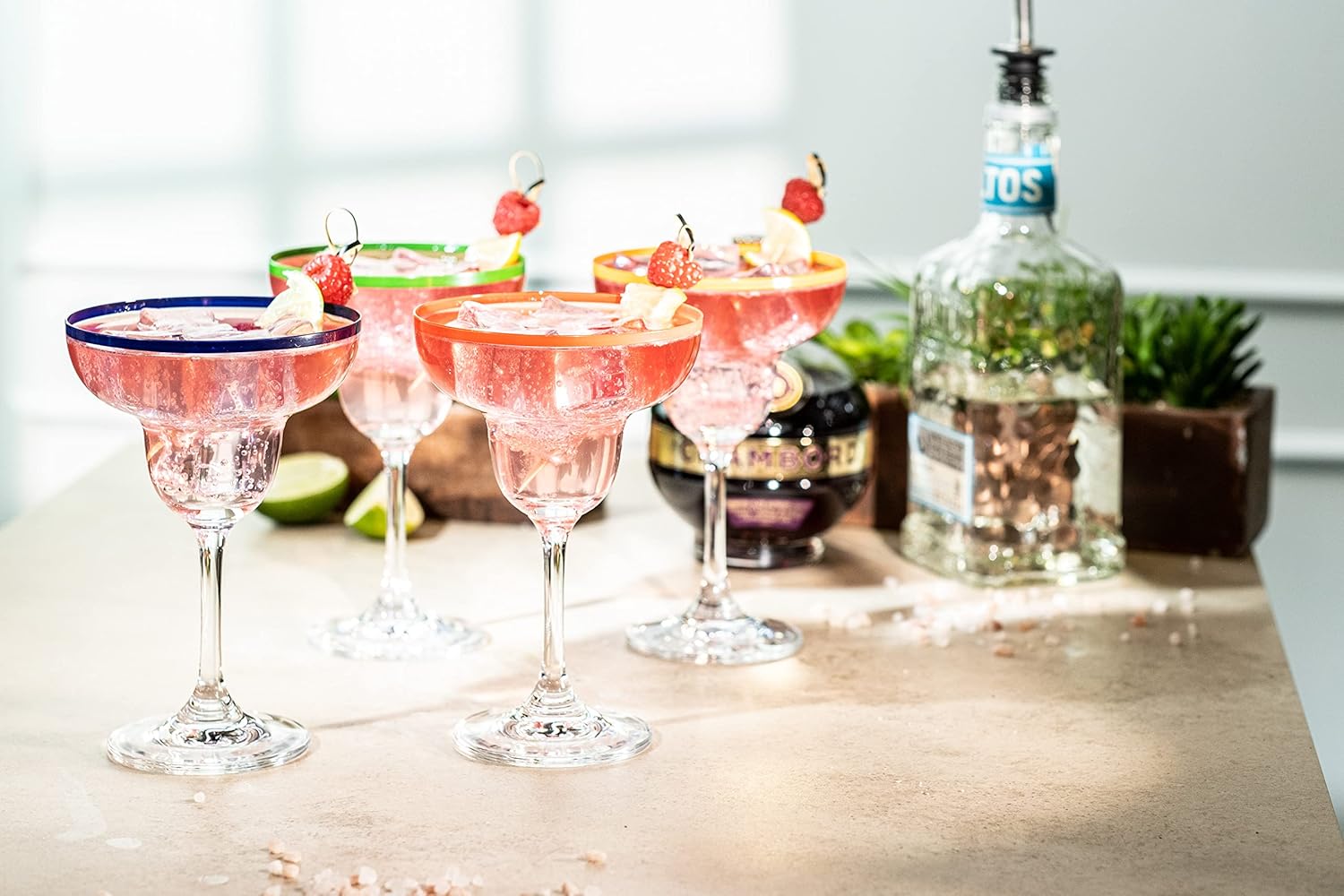 10 oz Margarita Cocktail Glasses + Colorful Party Rims | Set of 4 | Classic Frozen Drinks Stemware + Fun Cactus Gift Box | Thick Stem, Heavy Duty, Clear Hand Blown Glassware Drinking Set - Image 8