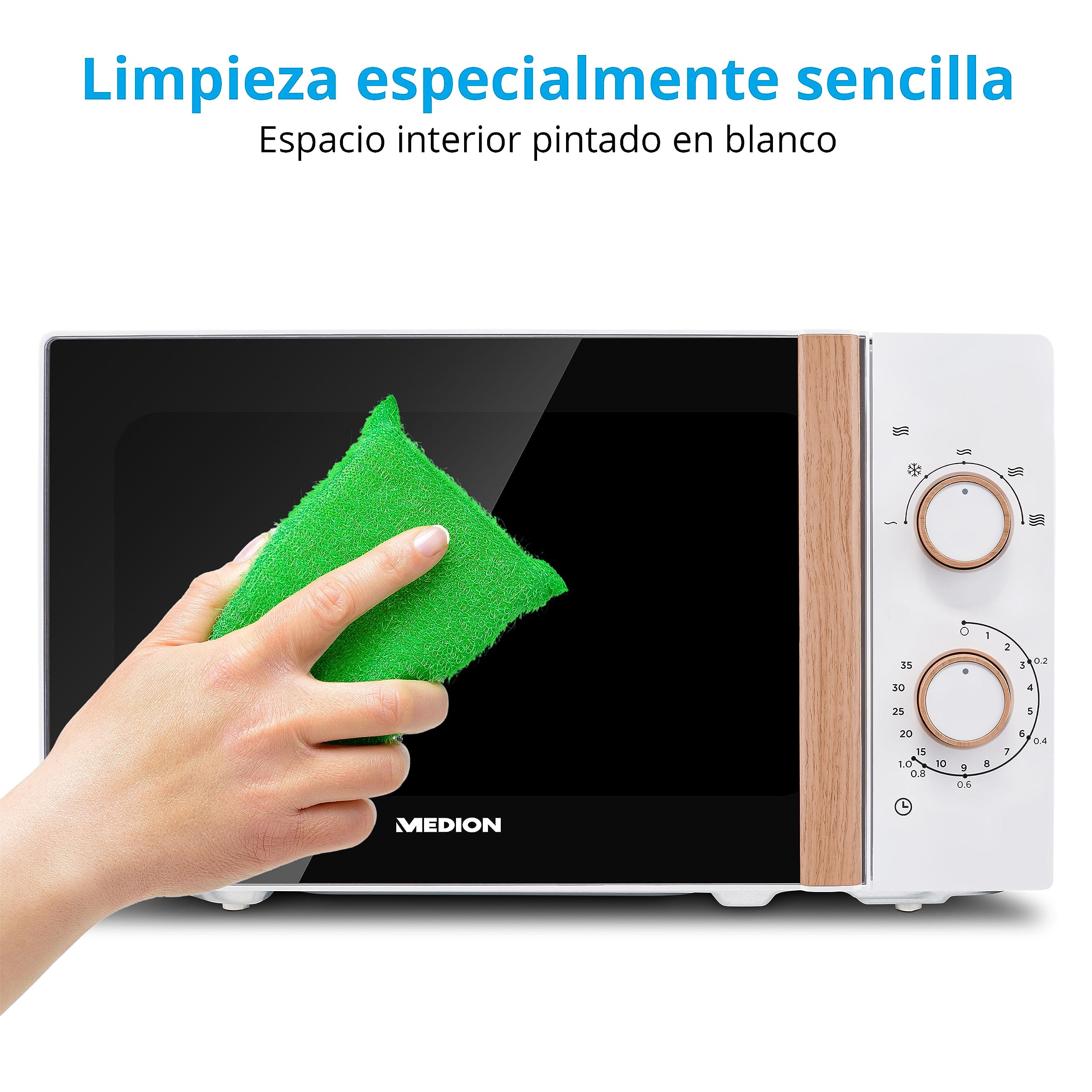 MEDION Microondas (20 L, 700 W, 5 niveles de potencia, modo descongelación, temporizador, aspecto de madera, puerta con espejo, MD10596) blanco