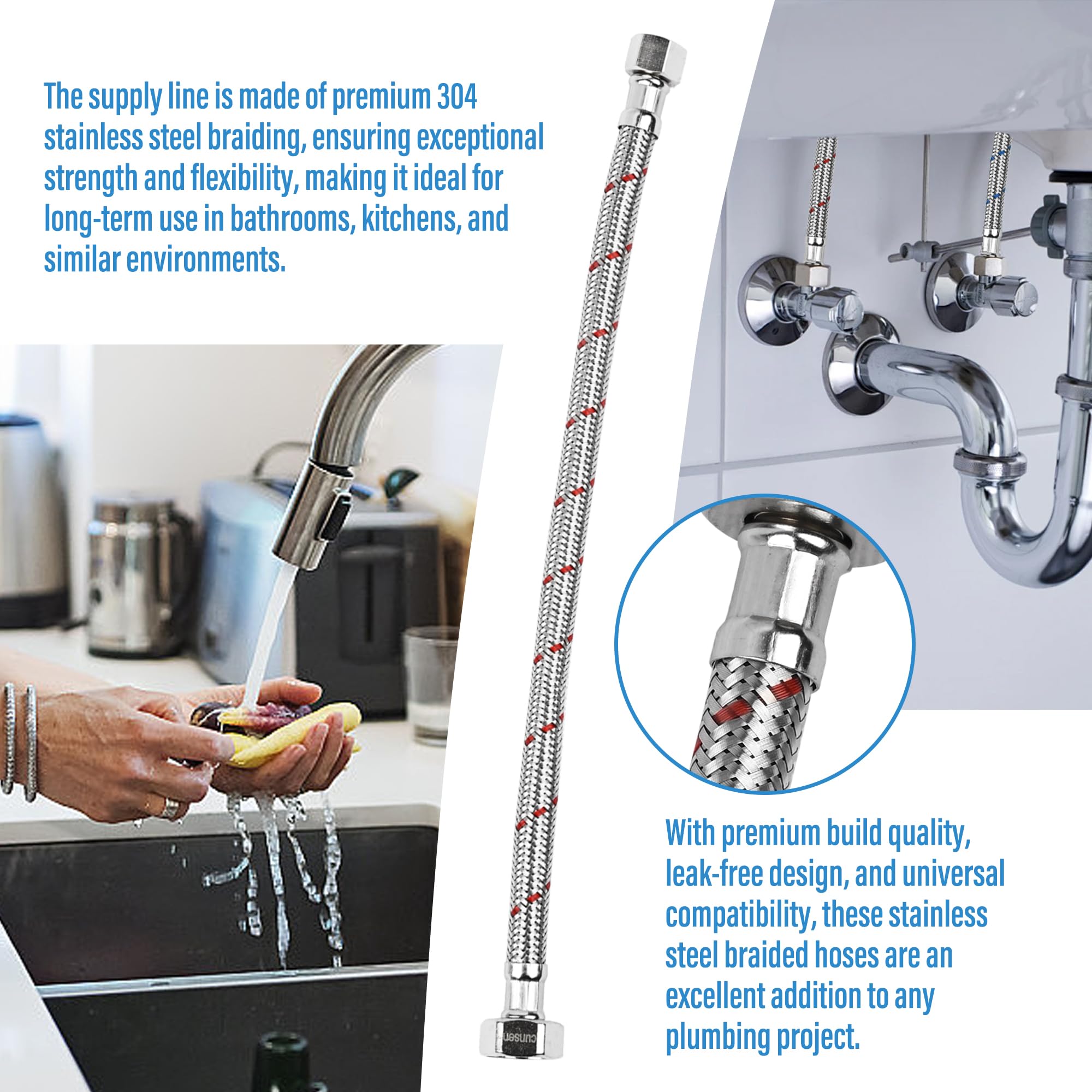 10 conectores de manguera de grifo, 3/8 pulgadas Comp x 1/2 pulgada FIP de alta calidad, líneas de suministro de agua de acero inoxidable trenzado para grifos de baño, inodoro y cocina (24 pulgadas)